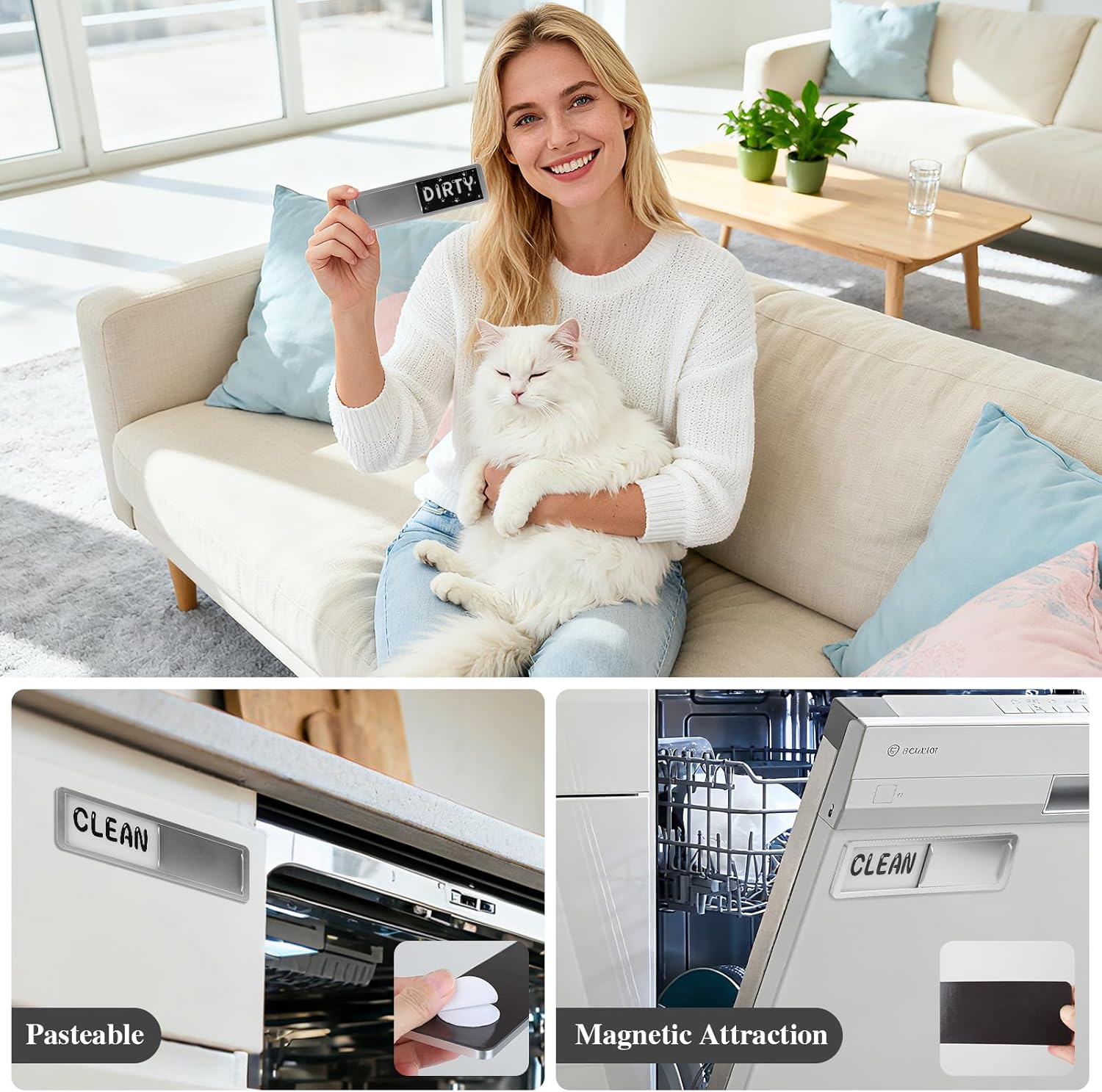 Dishwasher Magnet Clean Dirty Sign, Cat Paw Print on Dirty Side - Screen Magnetic & Adhesive Indicator for Kitchen Dishwasher Decor