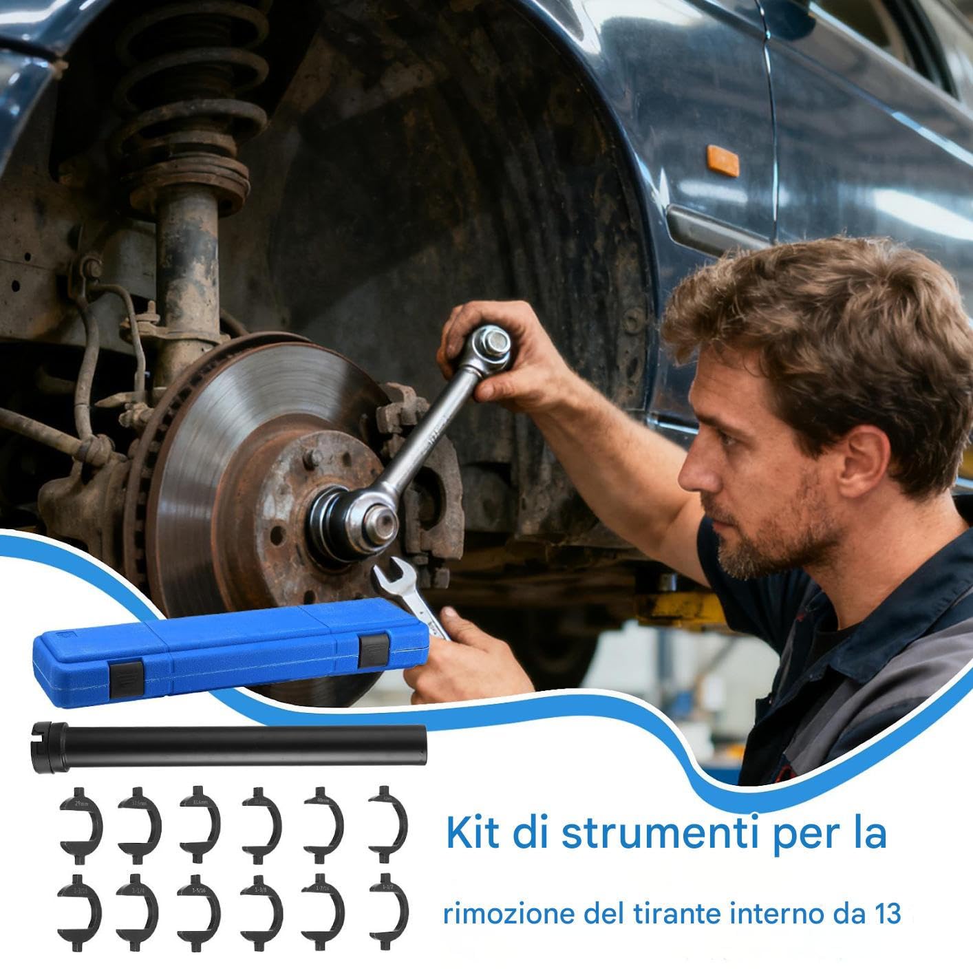 Set Smontaggio Testine Sterzo 13 Pezzi | Kit di Riparazione Tirante Interno in Acciaio | Chiave per Sterzo, Strumento per Rimuovere la Testina del Tirante per Auto, Camion e SUV | Custodia 55x16x7,2 c