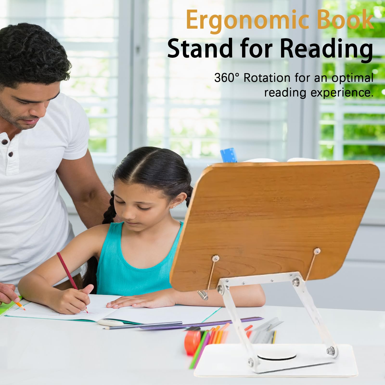 Leggio per Libri – Poggia Libro in Legno da Tavolo con Rotazione 360°, Base in Lega di Alluminio e Braccio Regolabile, Supporto per Libri Spessi e Ricette