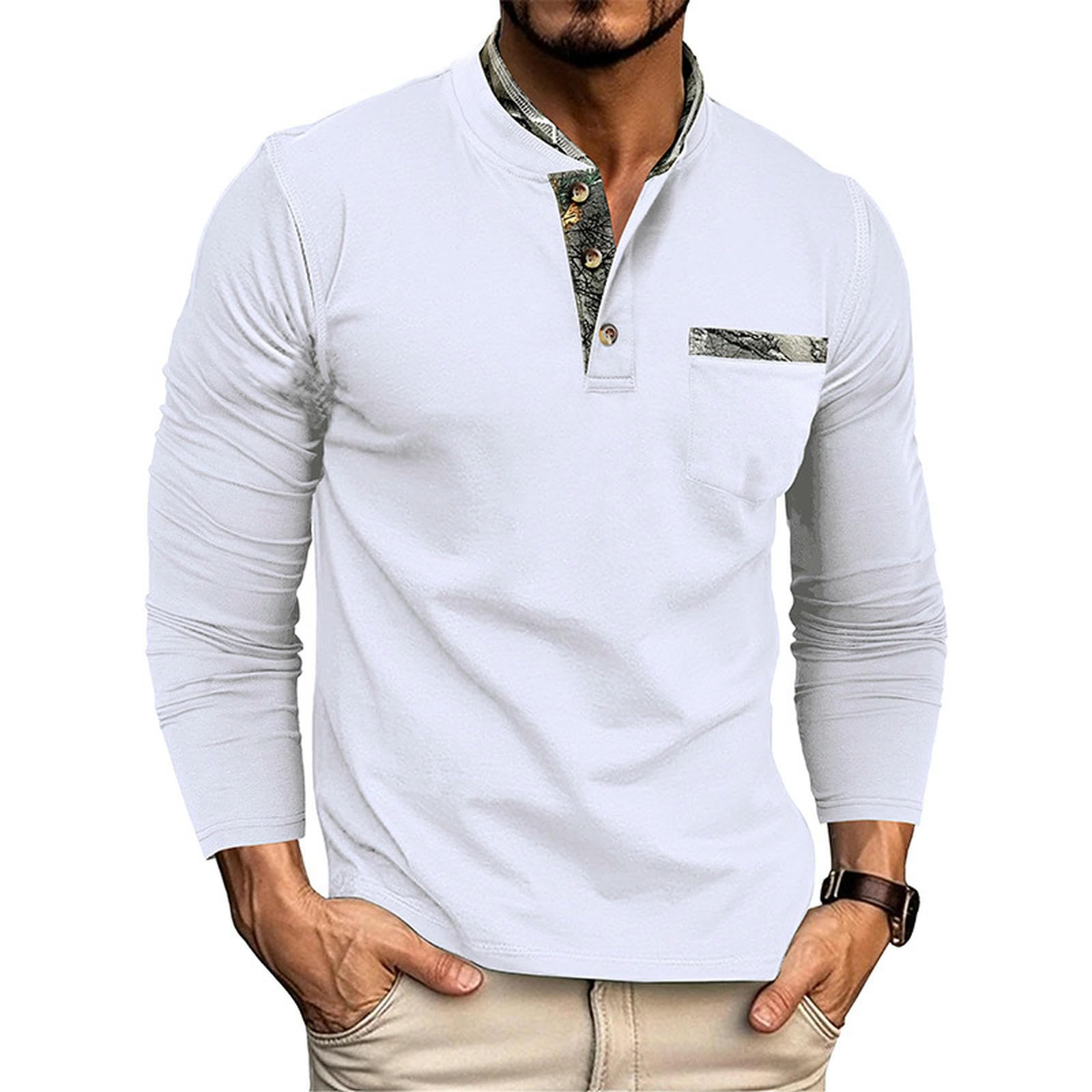 Herren T-Shirt Herbst- Und Winter-Herren-t-Shirts Langarm Henley-Hemden Herren-Doppelkragen T-Shirts Tops-schwarz-l