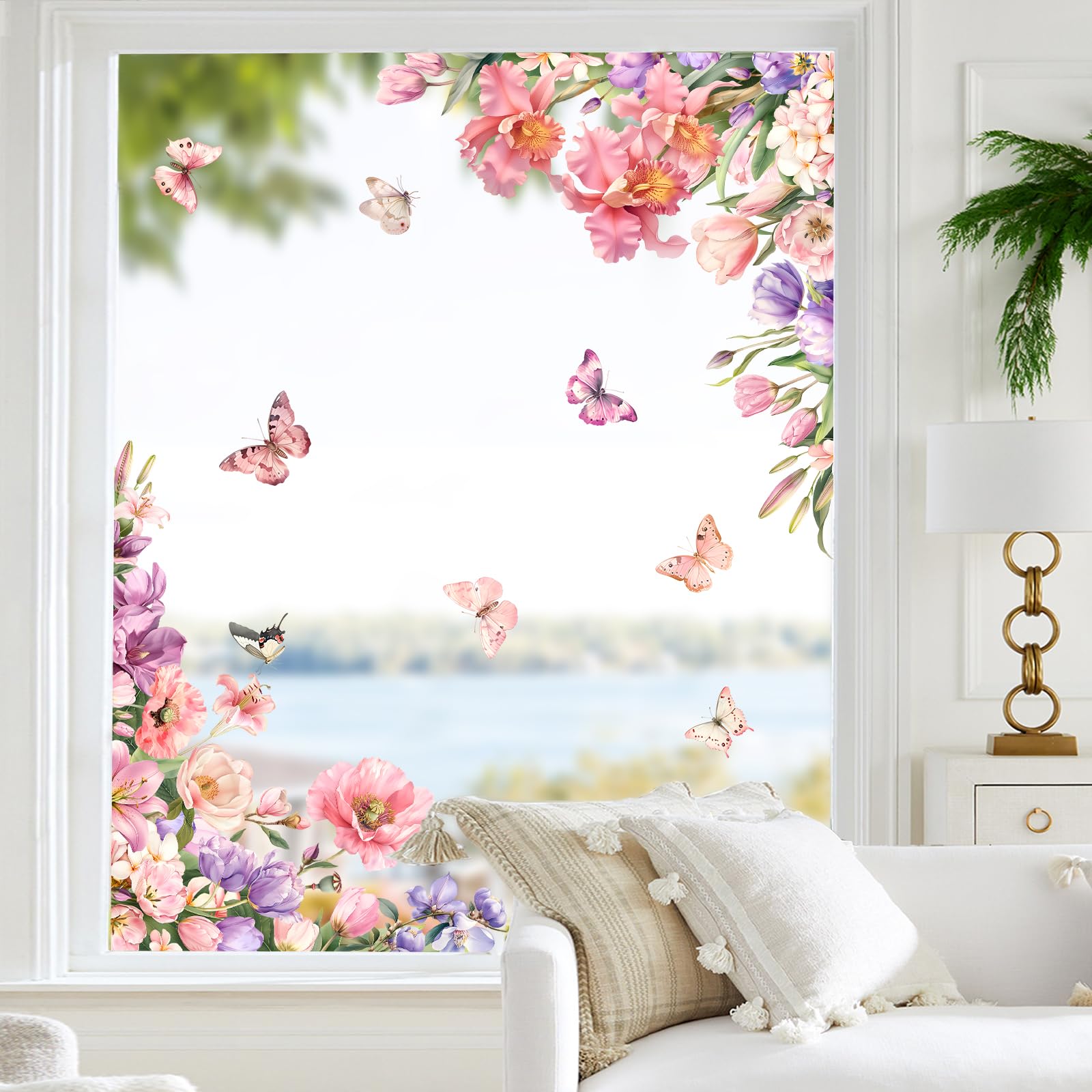 Tanlaby Pink Flowers Window Clings Spring Summer Floral Butterfly Window Stickers Double-Sided Static Sticker Anti-Collision Glass Decal for Mirror Glass Windows Doors Bathroom - Image 2