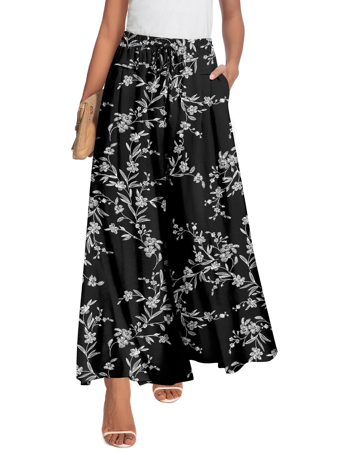 Aodemo Womens Wide Leg Pants Drawstring Trousers Loose Palazzo Casual Beach High Waist Flowy Pants with Pockets