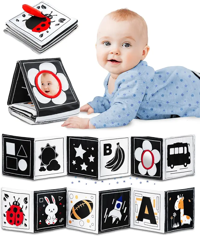 Infinno Black &amp; White Baby Toys High Contrast Crinkle Cloth Activity Book, Infant Mirror Toys for Baby 0-6 Months, Newborn Sensory Tummy Time Toys for Infants, Baby Development Essential