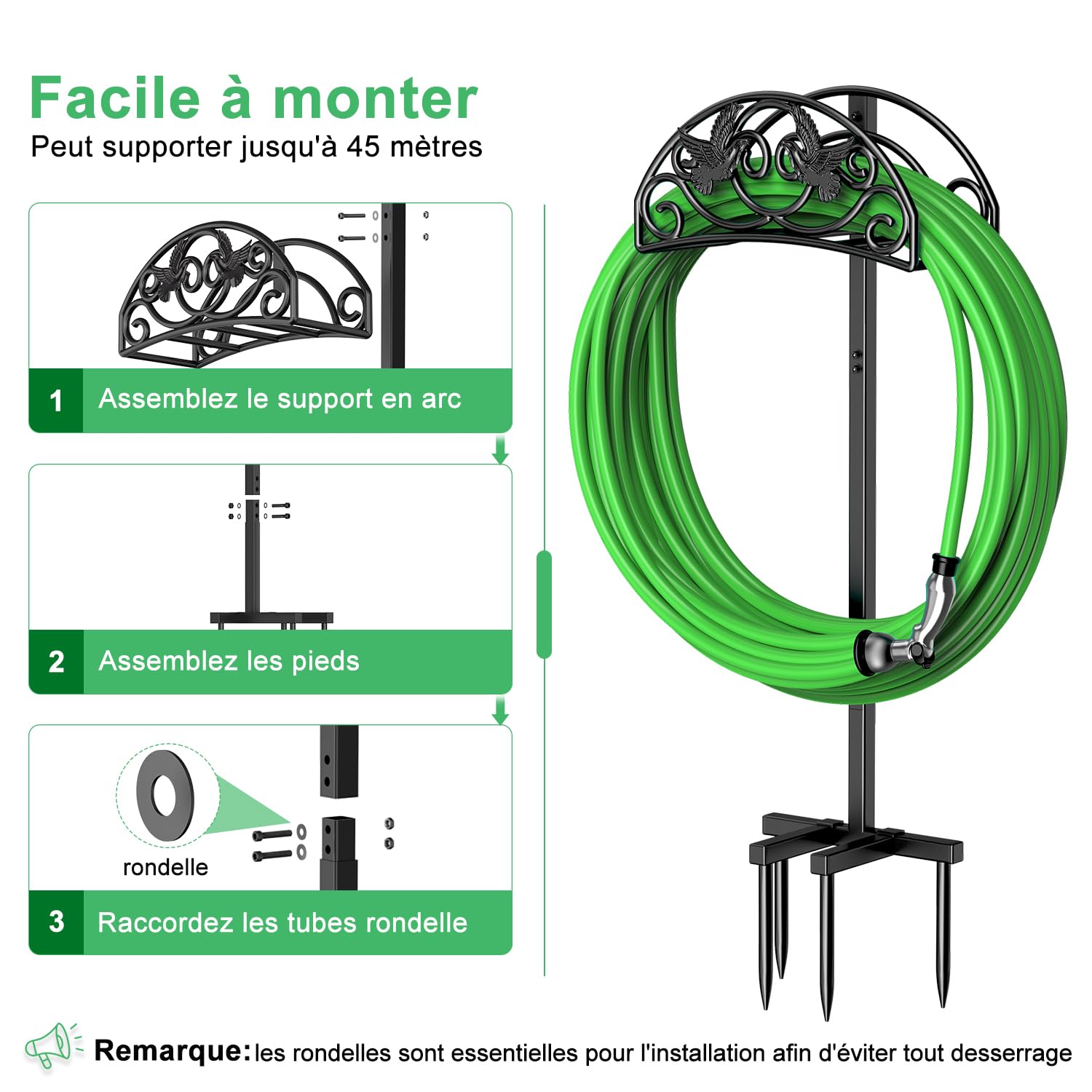 Support pour Tuyau d'arrosage de 109,5 cm, support sur pied en forme d'oiseau, support métallique amovible pour tuyau d'arrosage, pour le jardin et la pelouse