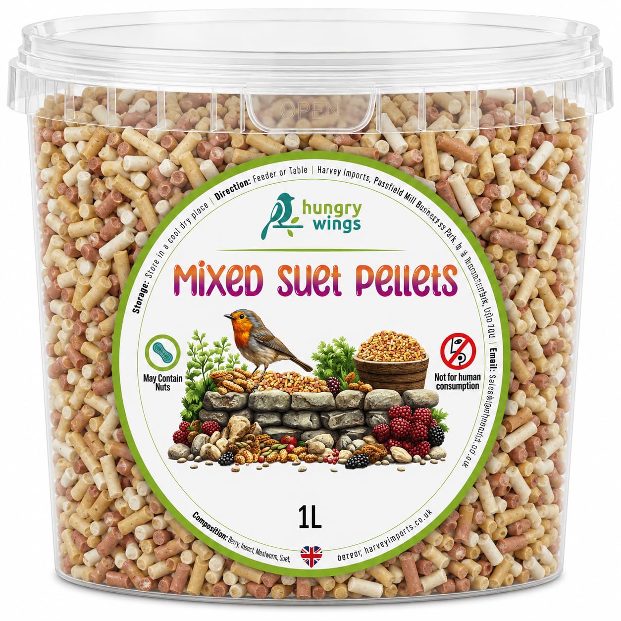 Premium Wild Bird Food 1L Tub (1L Tub, Mixed Suet Pellets)