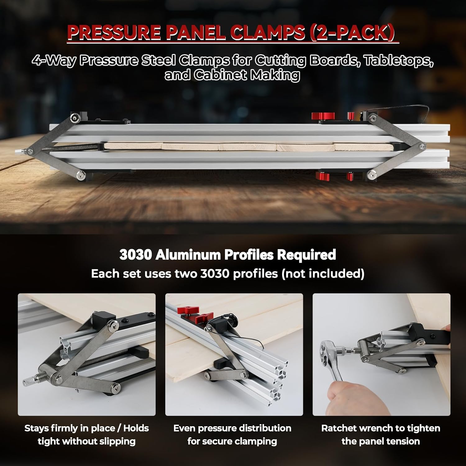 2 Pack 4 Way Pressure Panel Clamp, Aluminum Alloy Woodworking Panel Clamps with 12-100mm Height Adjustable for 3030 Profile Aluminum Alloy & Stainless Steel Fixture for Precision Assembly