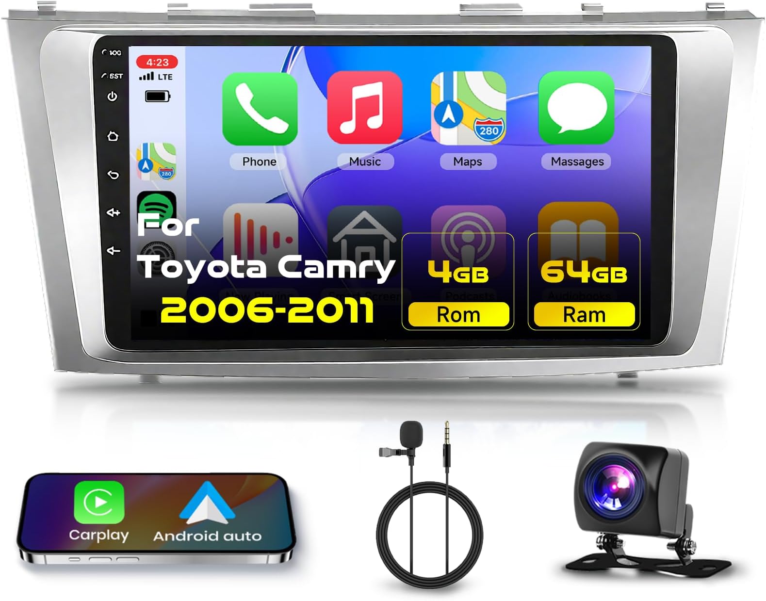 for Toyota Camry 2006 2007 2008 2009 2010 2011 Android 15 Car Stereo 9 Inch HD Touch Screen Car Radio with Wireless CarPlay Android Auto, 5GHz-WiFi, GPS Navigation, BT, FM Radio,Rear Camera 4G+64G