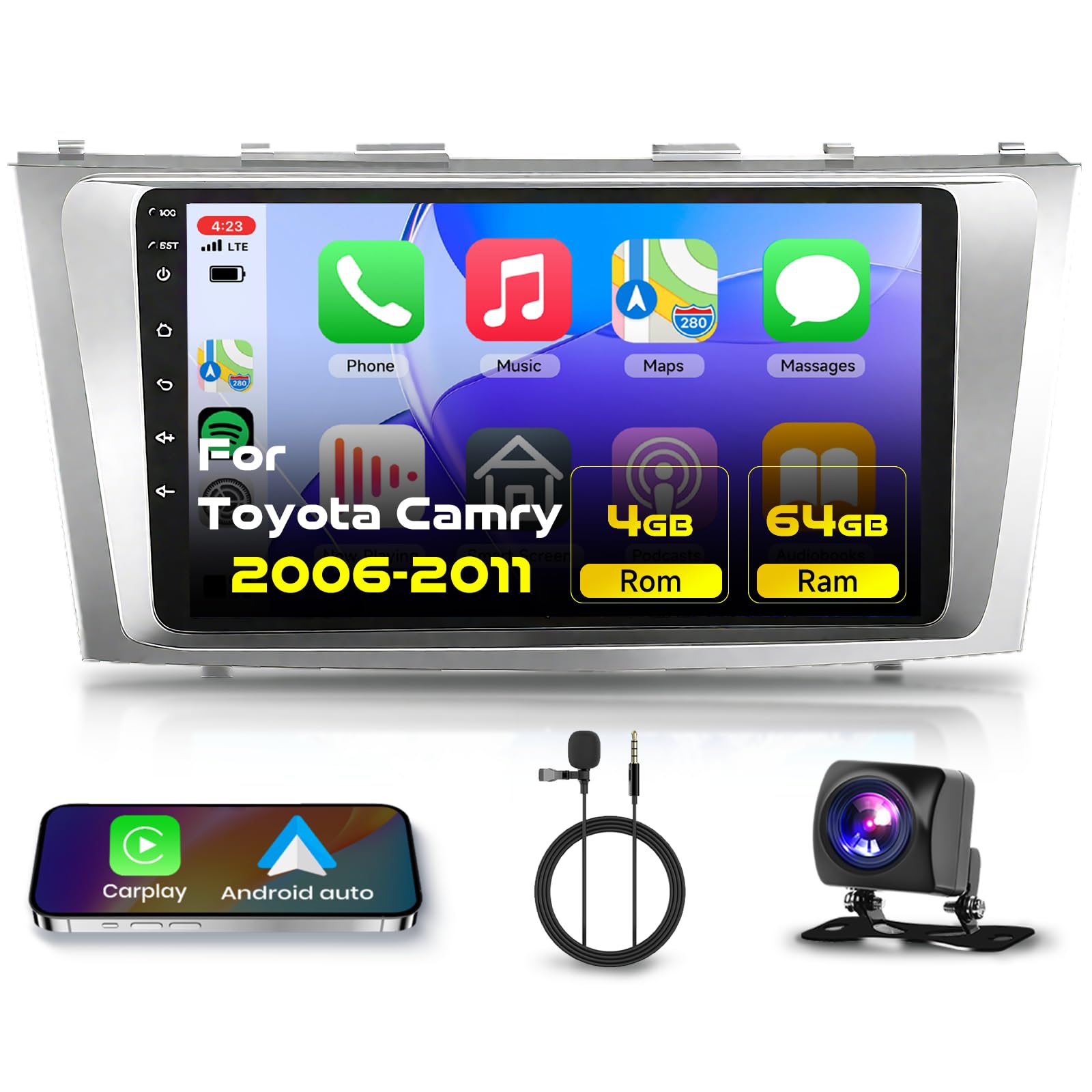 for Toyota Camry 2006 2007 2008 2009 2010 2011 Android Car Stereo 9 Inch HD Touch Screen Car Radio with Wireless CarPlay Android Auto, WiFi, GPS Navigation, BT, FM Radio, USB, Rear Camera 4G+64G
