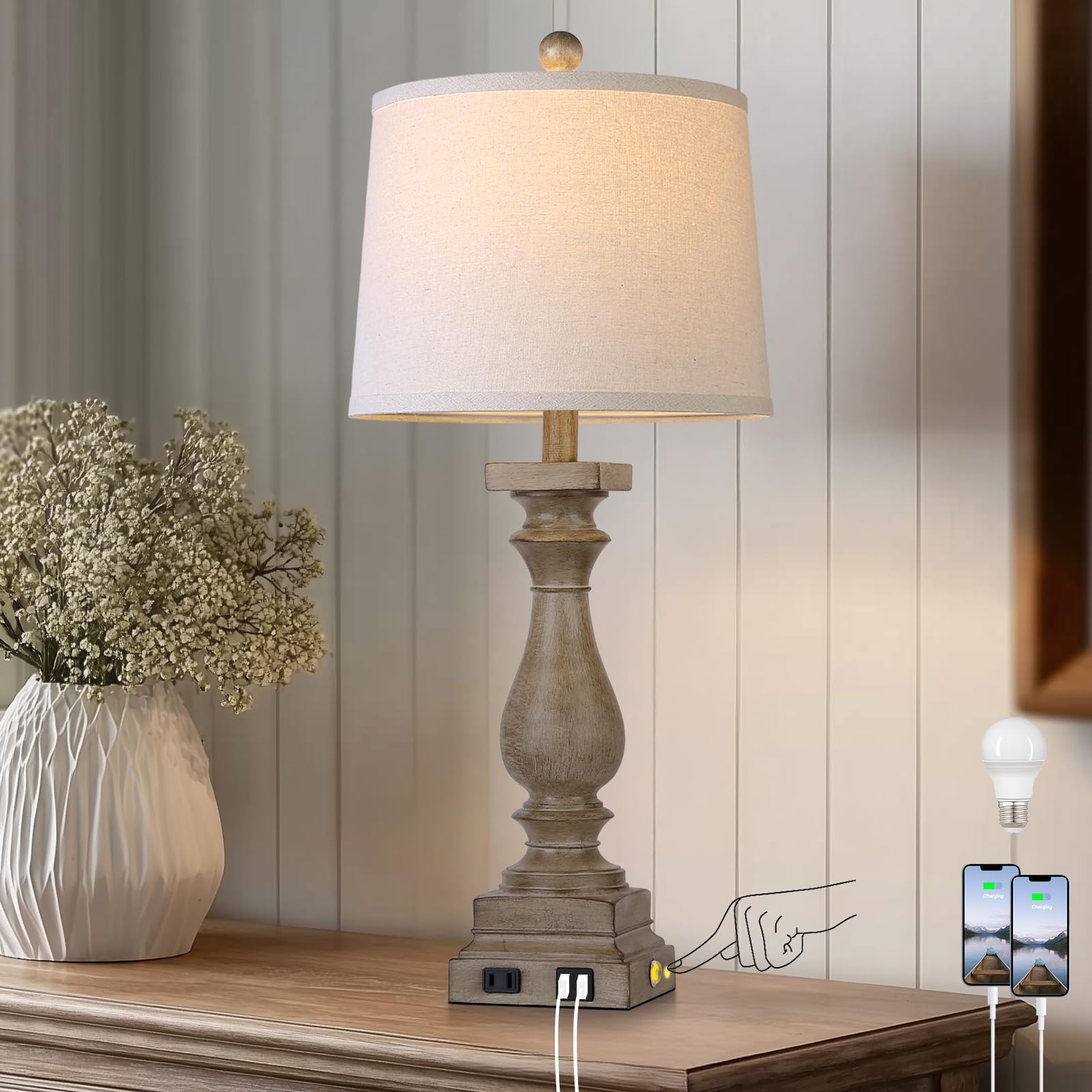 MOUVOVO 28" Tall Farmhouse Table Lamp with USB C+A Ports and AC Outlet, 3 Way Touch Control Rustic Bedside Lamp for Bedroom, Brown Vintage Nightstand Lamp for Living Room Office