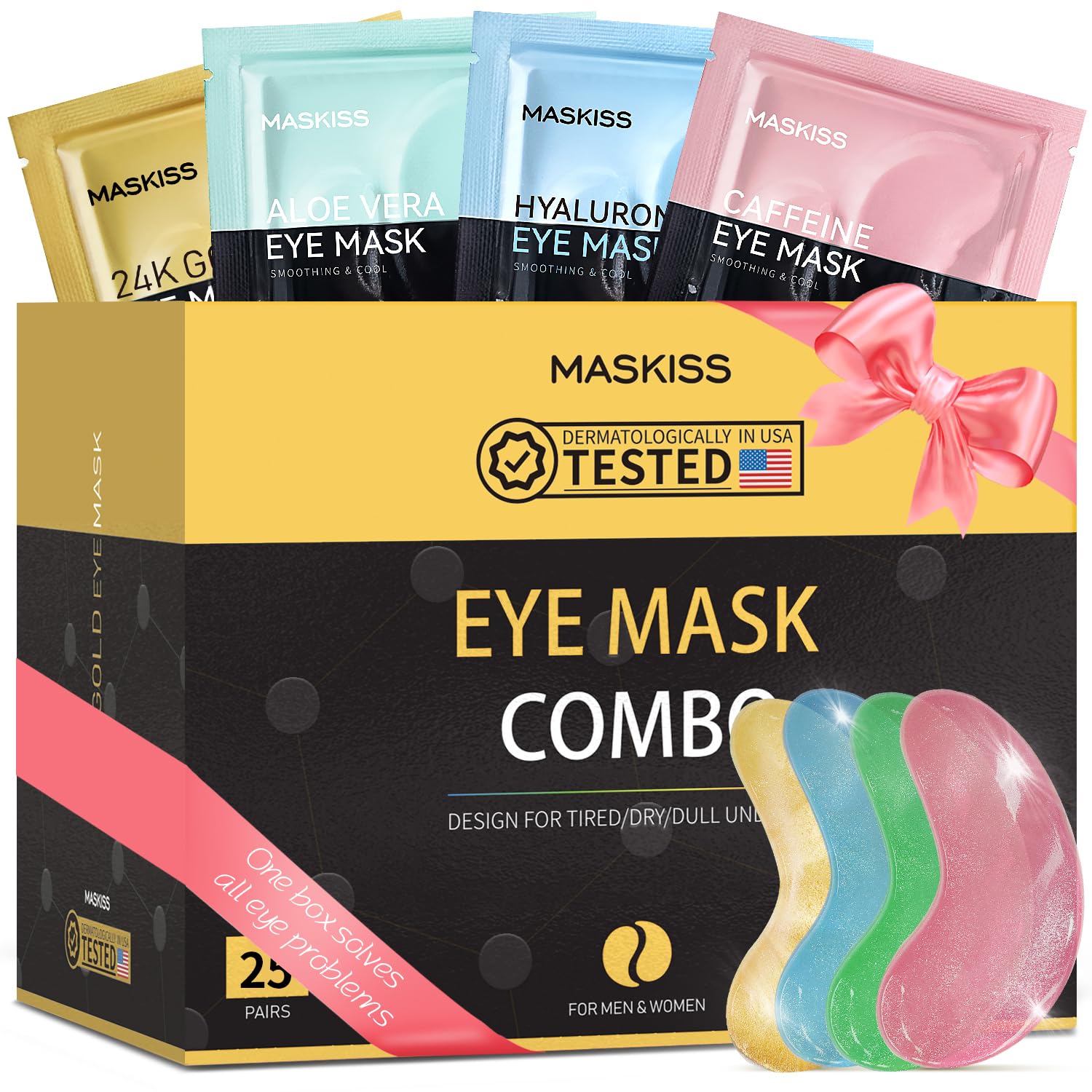Maskiss Under Eye Patches(25 Pairs), 24K Gold, Caffeine, Hyaluronic Acid, Aloe Vera Eye Masks for Dark Circles Puffy Eyes Undereye Bags, Eye Skin Care