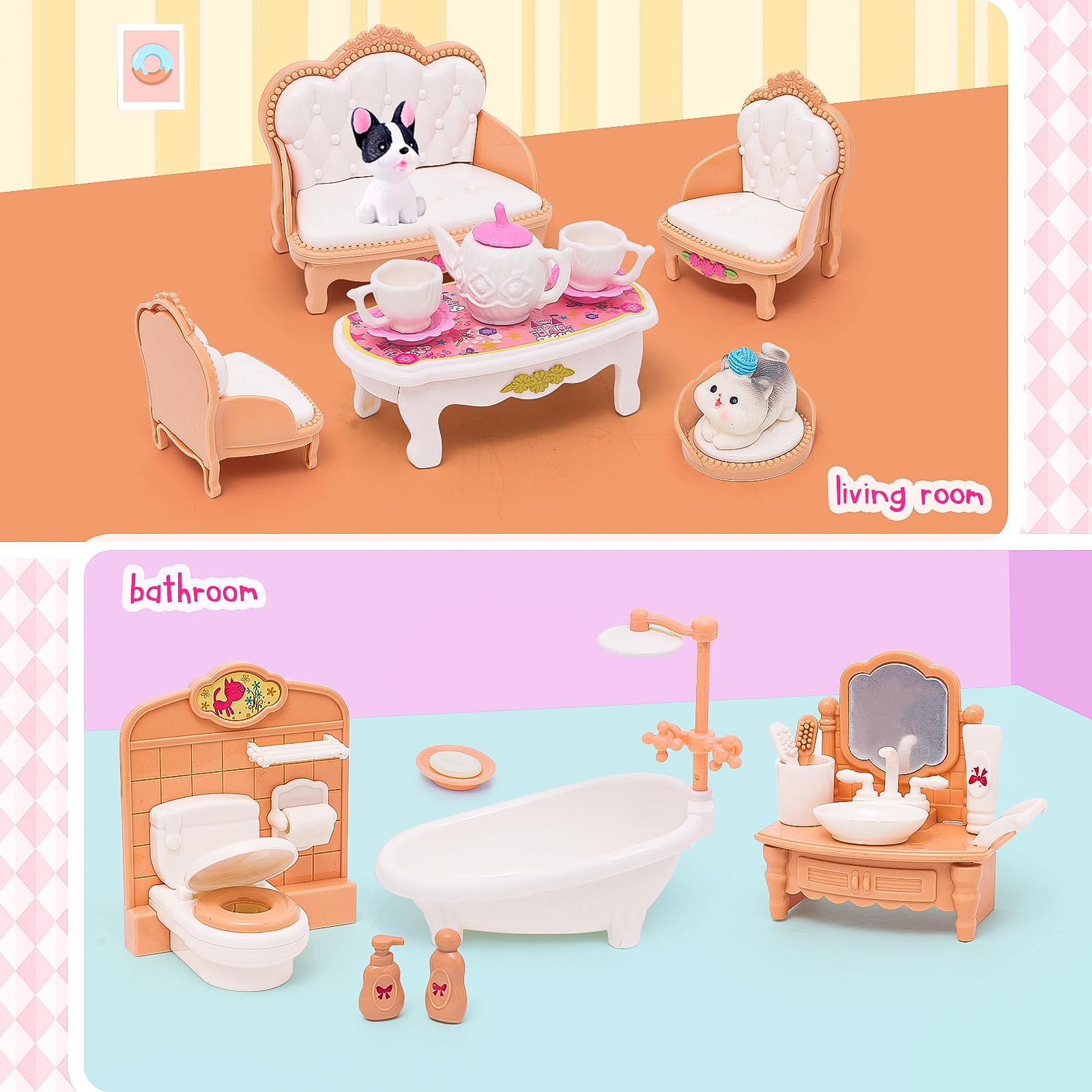 Casa de muñecas Mini muebles de 45 piezas de muebles de casa de muñecas, accesorios de juego de simulación, dormitorio, sala de estar, baño, cocina para niños, cumpleaños y Navidad, colores 3