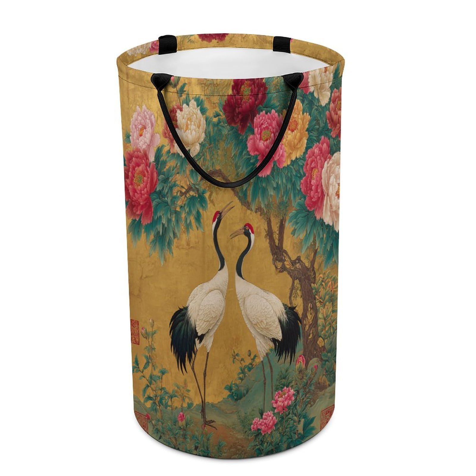 LUYYSKY Rustic Abstract Animals Crane Collapsible Dirty Clothes Basket, Modern Japanese Plants Peony Flowers Animals Crane Pattern Portable Clothes Storage Basket