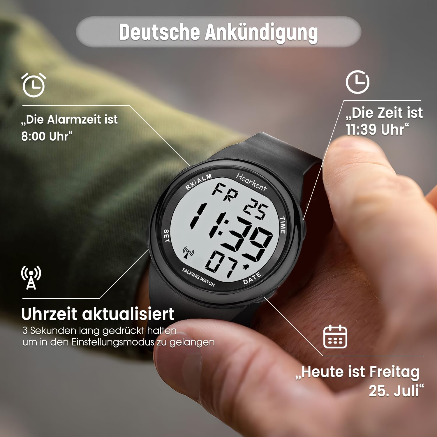 Hearkent Horloge parlante pour malvoyants ou personnes âgées LCD grand nombre facile à lire Atomic Parler Montres pour personnes aveugles