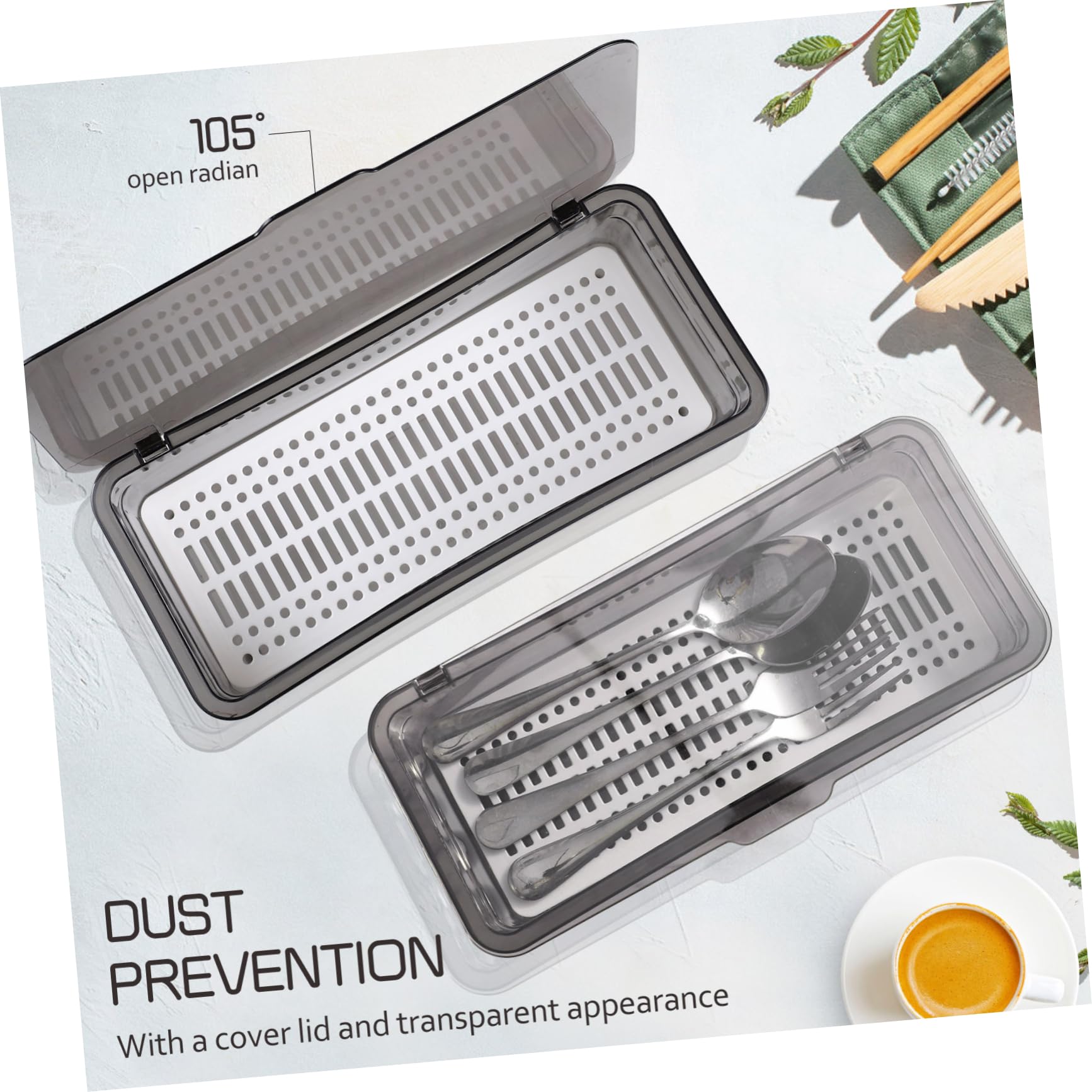 DOITOOL Bestecktablett Mit Deckel – 25,4x9,9x7,1 Cm, Transparent, Mit Abtropffach, Für Küchenschubladen-Organisation