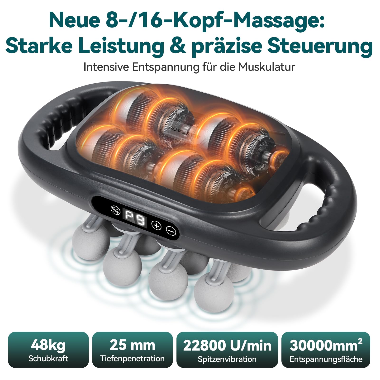 8/16-Kopf-Massagegerät mit Rotlicht zur Linderung von Muskelverspannungen und Müdigkeit,Tiefenmassagepistole für die Muskulatur, 9 Geschwindigkeiten und 9 Modi für Training und täglichen Gebrauch