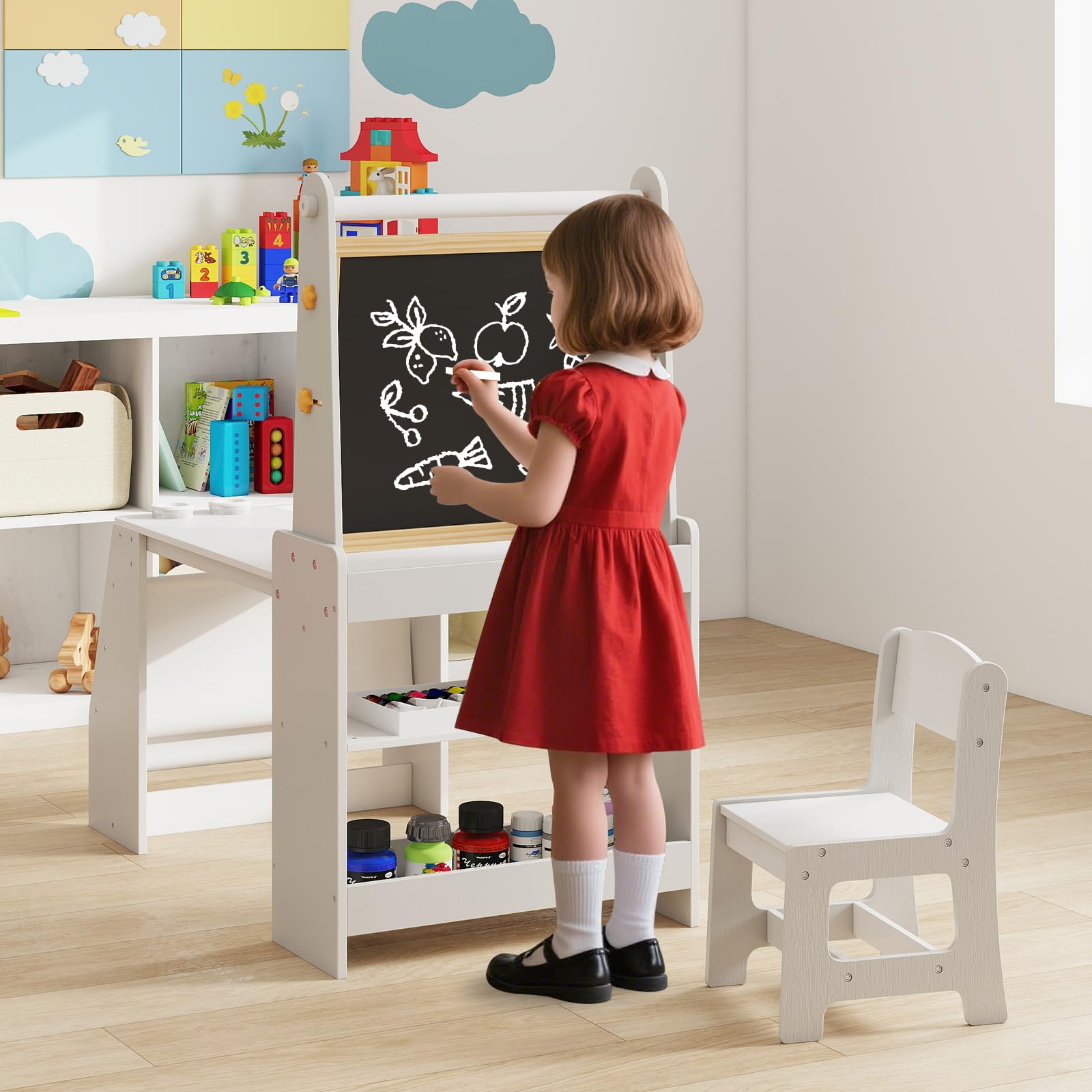 COSTWAY Set 3 in 1 Tavolo e Sedia per Bambini 3+ Anni, Tavolo in Legno Sicuro con Lavagna, Sedia, Lavagna Bianca, Rotolo di Carta, 2 Ripiani Aperti e Libreria a 2 Ripiani, Ideale per Disegno (Grigio)