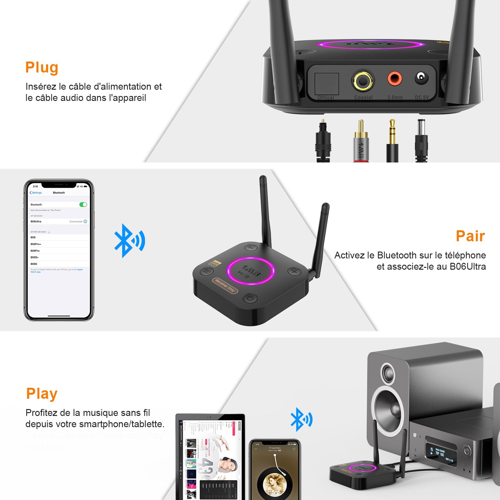 1Mii B06Ultra Récepteur Bluetooth 5.2 avec LDAC pour Audio sans Fil Hi-Res, Adaptateur HiFi Bluetooth avec DAC Audiophile, 3D Surround aptX HD&LL, Optique AUX 3,5 mm Coaxial pour Stéréo Domestique
