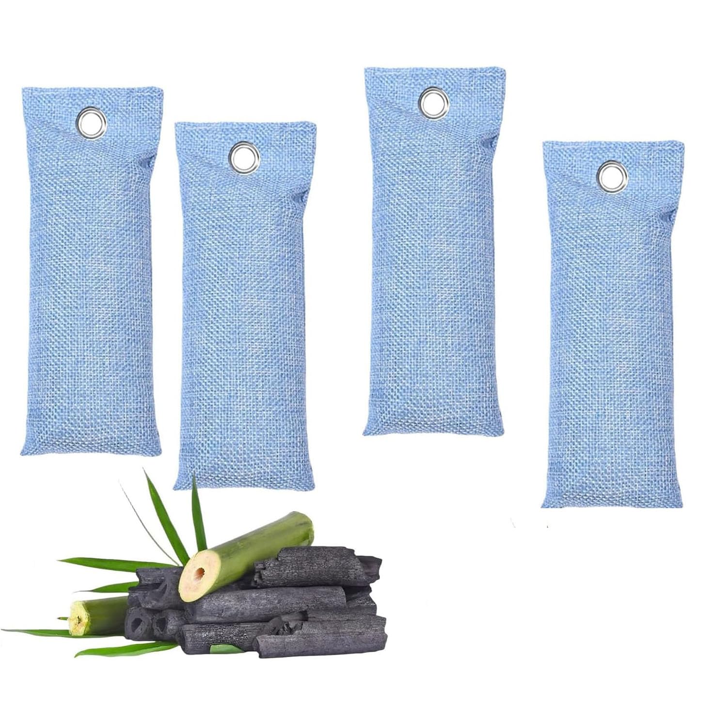 Paquete de 4 Bolsas de Carbón Activado de Bambú (75g cada una)|Purificador de Aire Natural, Absorbente de Olores y Humedad|Desodorante Reutilizable para Zapatos, Armario,Coche,Cocina,Nevera y Hogar
