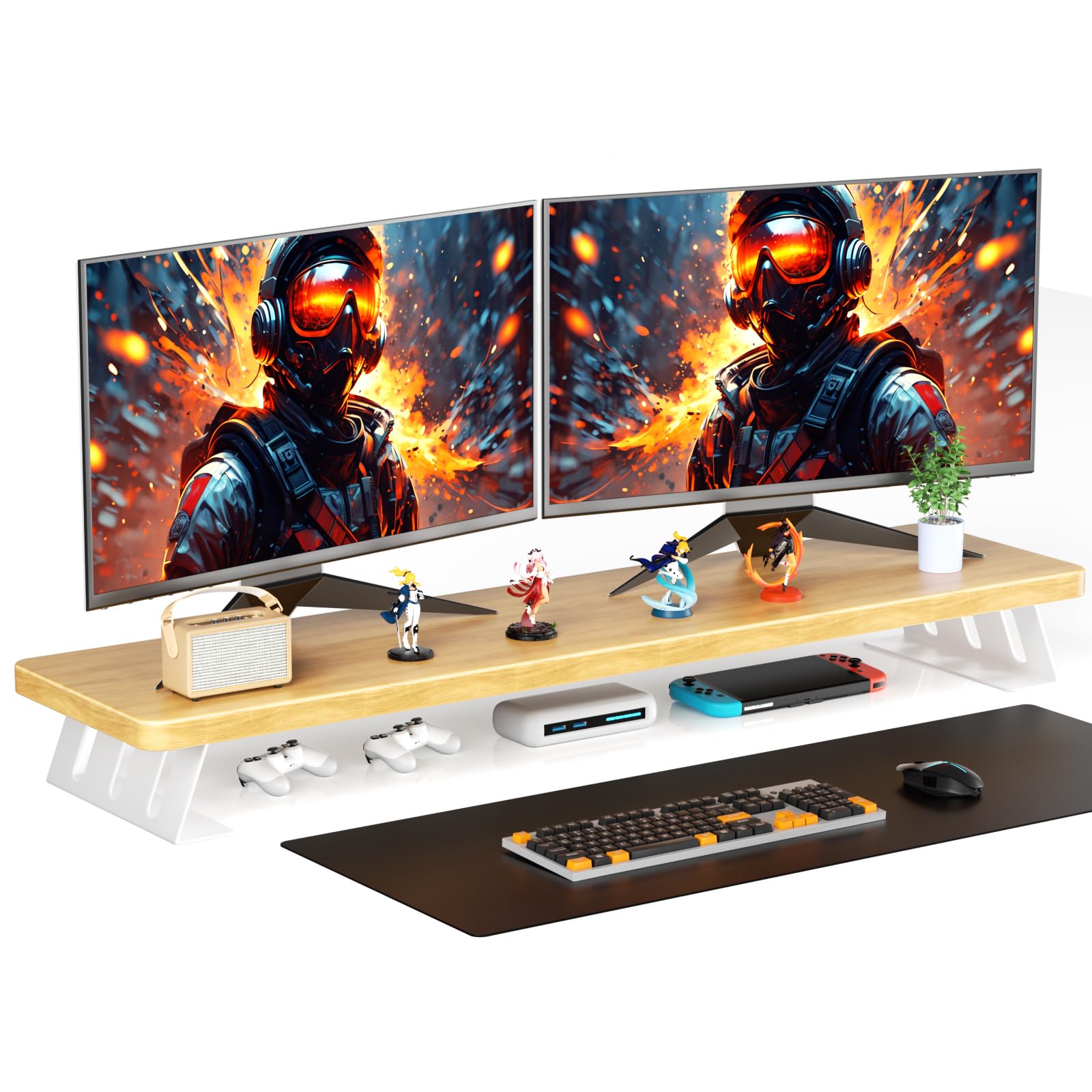 dual monitor stand riser, 39 inch large wood monitor stands for 2 monitors, desk monitor riser for computer/laptop/printer/tv, stand riser up to 220 lbs