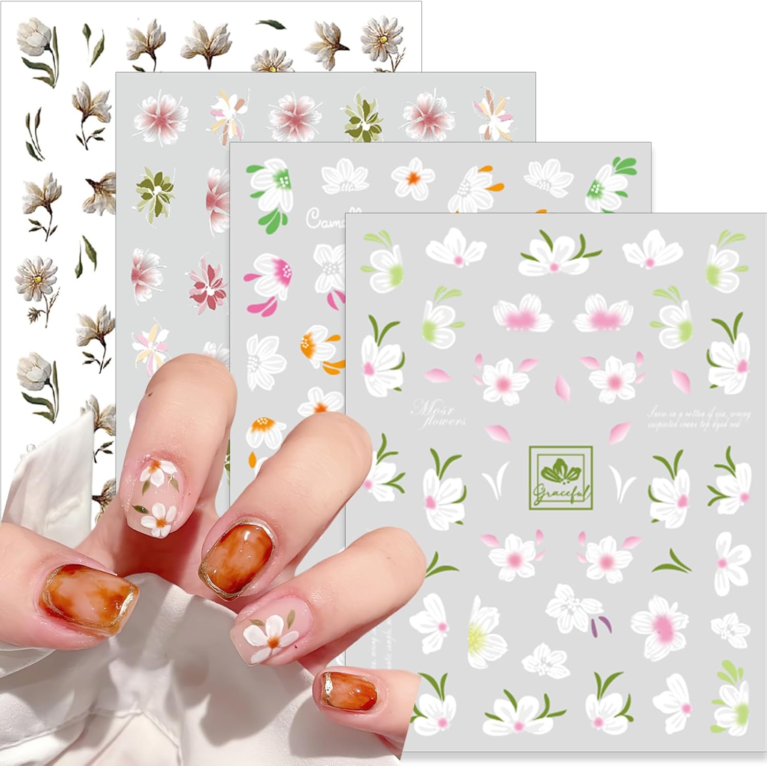 Flower Nail Stickers 4 Sheets 5D Embossed Flower Nail Art