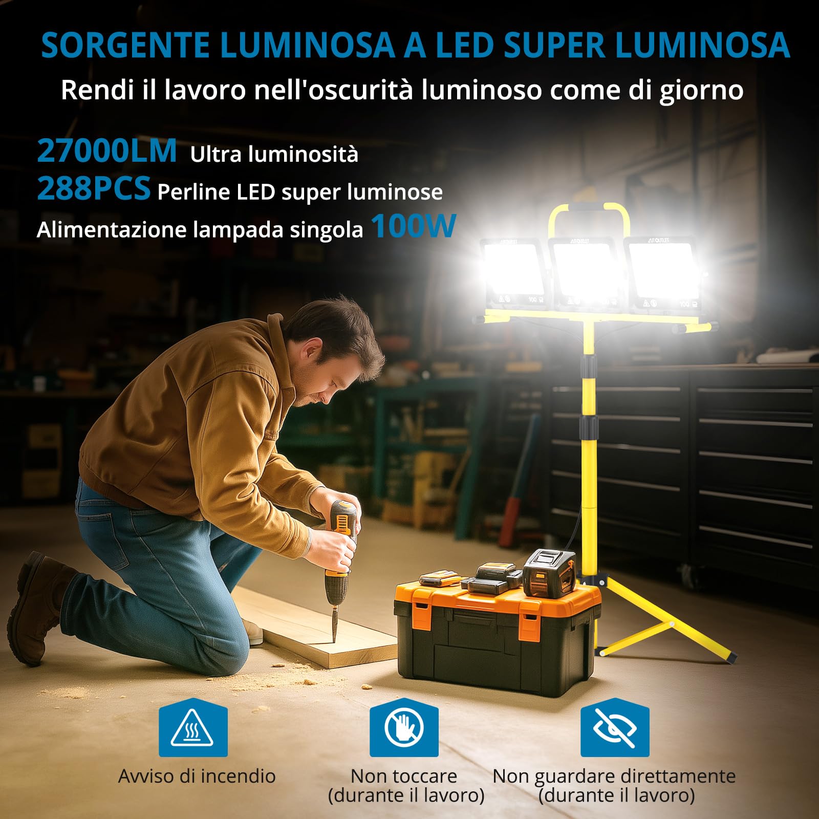 AUTOUTLET Faretto da Cantiere con Treppiede Allungabile,3x 100W 27000LM Faro Led Ricaricabile con 3 Temperature Colore e Cavo di Alimentazione da 5 M,IP66 Impermeabile,per Garage Officina e Esterno