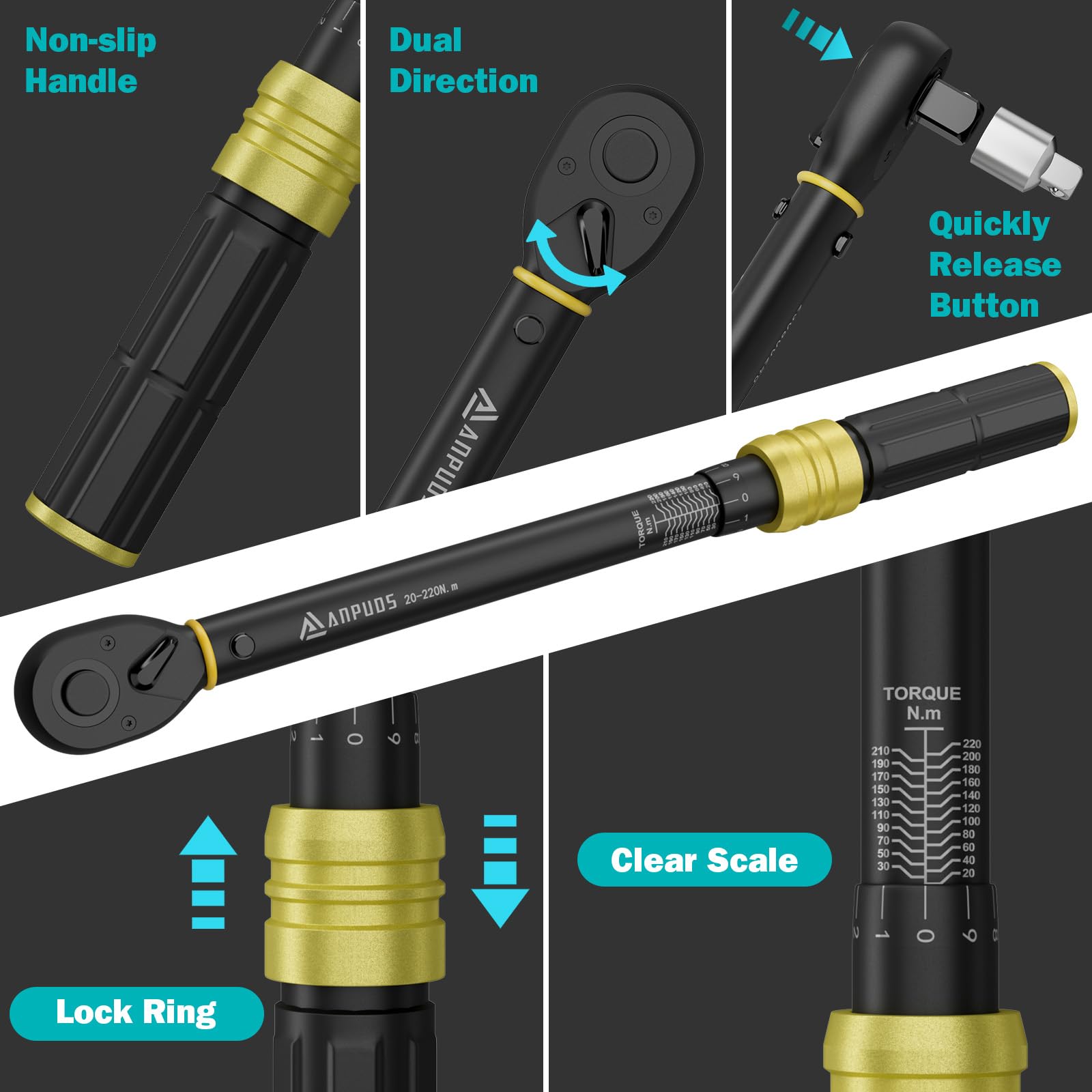 ANPUDS Chiave Dinamometrica 1/2, 20-220 Nm, Precisione ±3%, Set di 6 Pezzi | Include Prolunga 125mm, Adattatore 3/8", 3 Bussole 17/19/21mm, Perfetto per Cambio Gomme di Auto e Moto