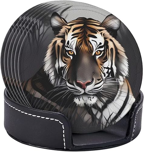 Miniatura 6 de Juego de 6 posavasos de cuero con soporte, diseño de tigre en reposo, para bebidas, con aislamiento, posavasos redondos para decoración de mesa