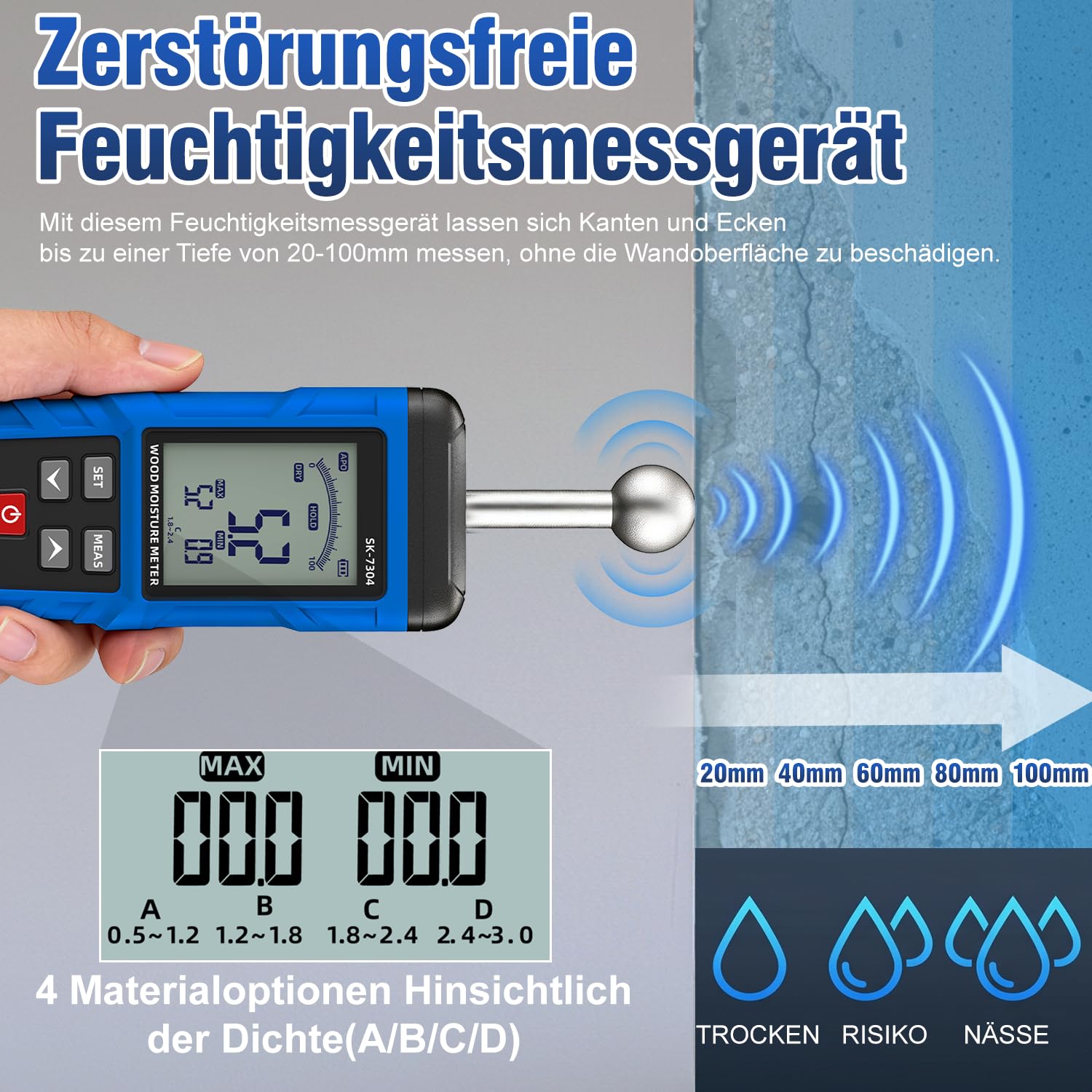 Feuchtigkeitsmessgerät, Feuchtemessgerät Wand Wiederaufladbares für Wand, Holz, Mauerwerk, Feuchtigkeitsmesser mit 20-100mm Messtiefe, 4 Materialdichtemodi, HD-Bildschirm für Zerstörungsfreie Messung