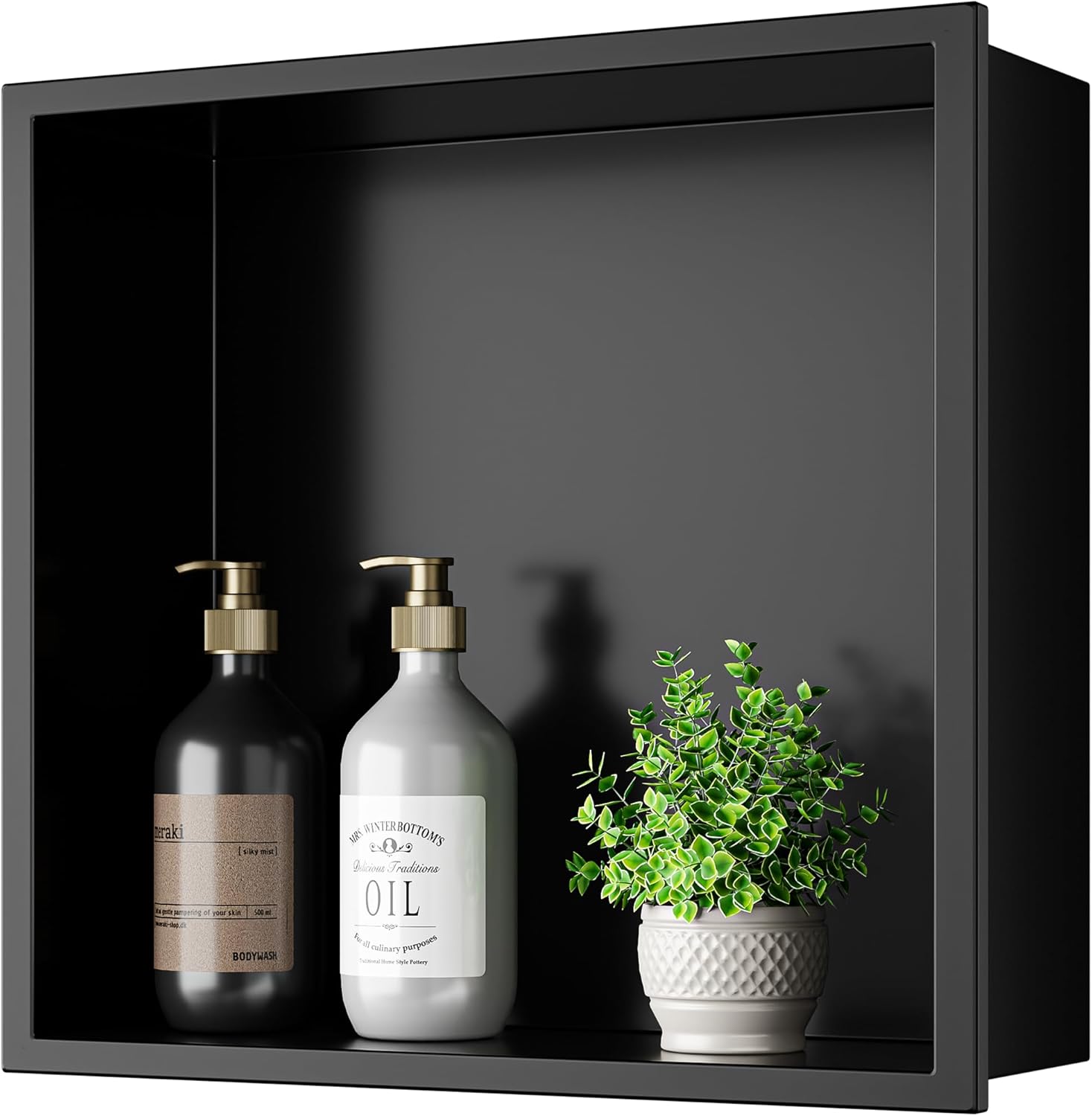 No Tile Needed Shower Niche - 12"x12" Black 304 Stainless Steel Recessed Shelf,Over Mount Installation for Bathroom & Shower Wall,Waterproof Black 12 X 12 X 4 Inches