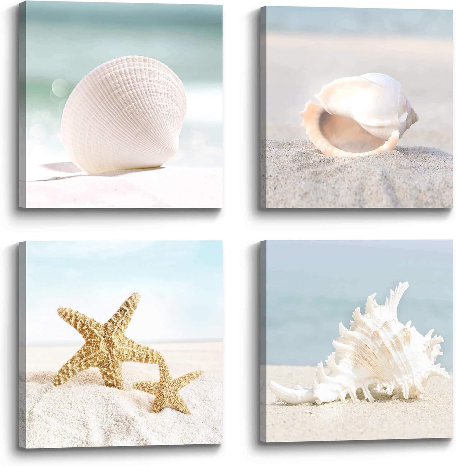 the stream design Beach Canvas Wall Art Bedroom: 4 Piece Living Room Bathroom Coastal Sea Creature Picture Modern Ocean Life Print Decor Calming Seaside Starfish Seashell Conch Painting Artwork