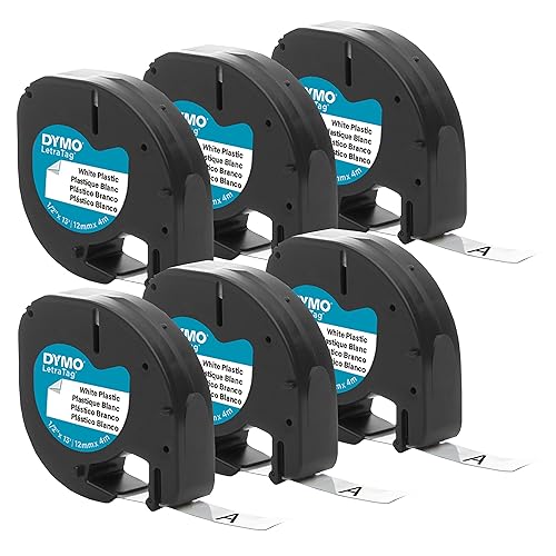 Cinta de etiquetas de plástico DYMO Authentic LT para fabricantes de etiquetas LetraTag, 1/2" (12mm), impresión negra en cinta blanca, paquete de 6