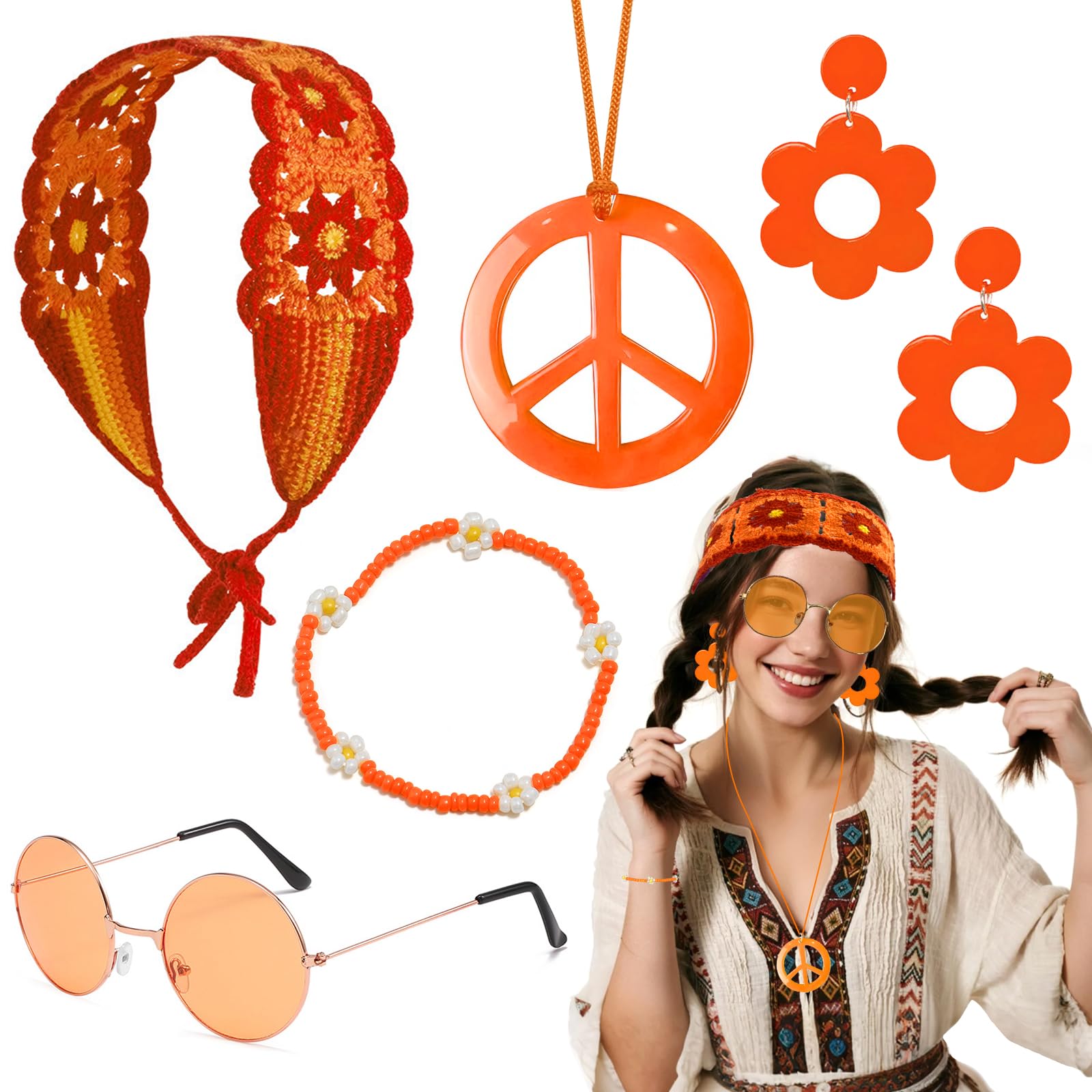 Hippie Accessories Set for Women, 5PCS 60s 70s Fancy Dress Costume Include Flower Knit Headband, Wristband, Hippie Sunglasses, Peace Sign Necklace and Earrings Flower Power Fancy Dress for 80s Party โ image 1