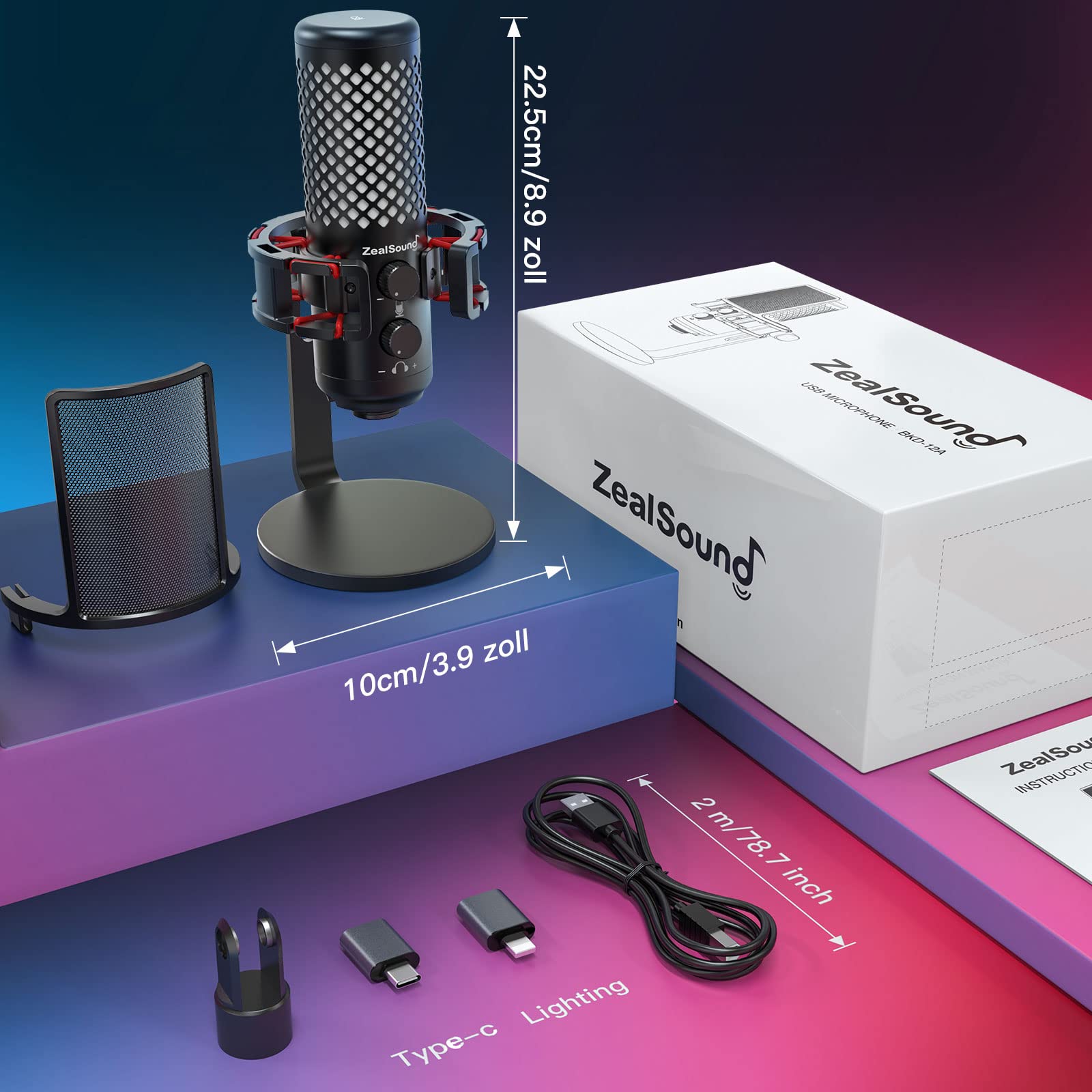 zealsound USB Mikrofon für PC & Handy, Gaming & Streaming, RGB Kondensator Mikrofon mit Mute, Gain & Echtzeit Monitoring, Ganzmetall Tischmikrofon für Podcast, Discord, Zoom & YouTube, Windows Mac