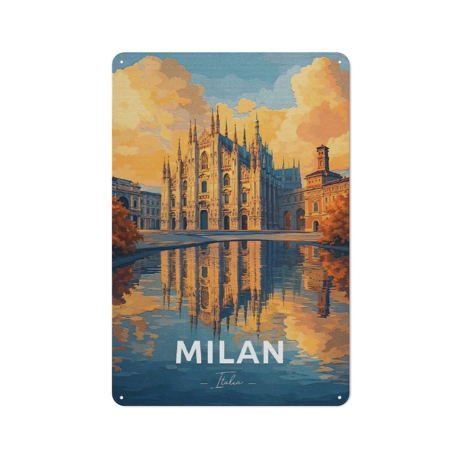 Milan Cathedral Reflection Decorative Tin Plaque 30x20cm, Decorative Novelty Wall Art for Hallway, Home Bar, Garage Or Study
