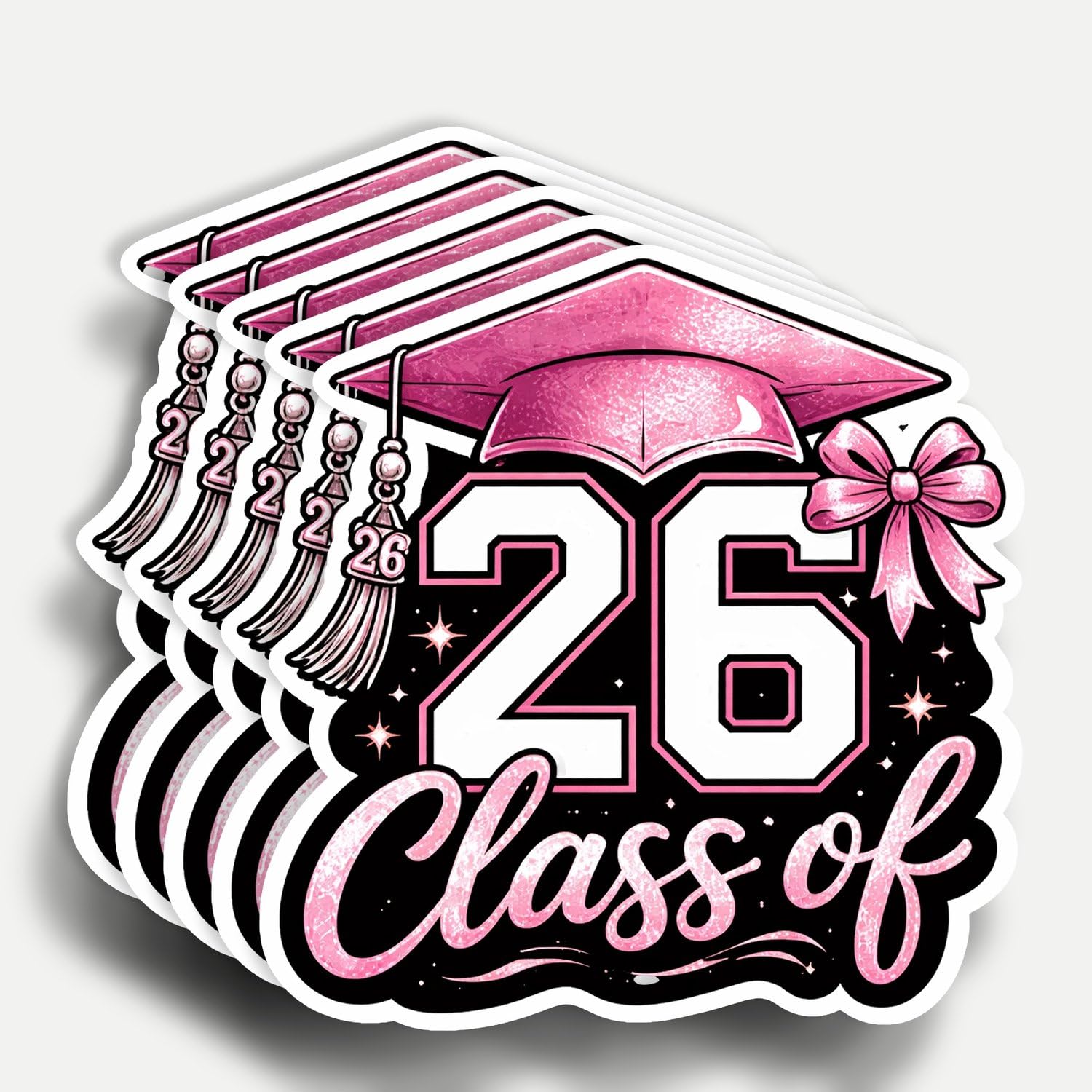 Photo 1 of (5Pcs) Senior 2026 Pink Glitter Graduation Stickers 3", Pack Class of 2026 Vinyl Decals Bows Cute Aesthetic Graduation Gifts for Girls, Waterproof Vinyl Decal for Laptop, Water Bottles, Car, Phone