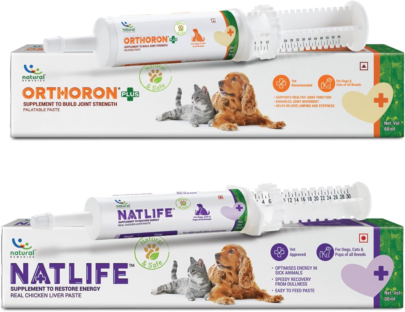 Natural Remedies Natlife Supplement to Restore Energy (30ml) & Orthoron+ Joint Strength Supplement (60ml) with Real Chicken Liver Paste for Dogs, Cats & Puppies of All Breeds - Combo Pack of 2