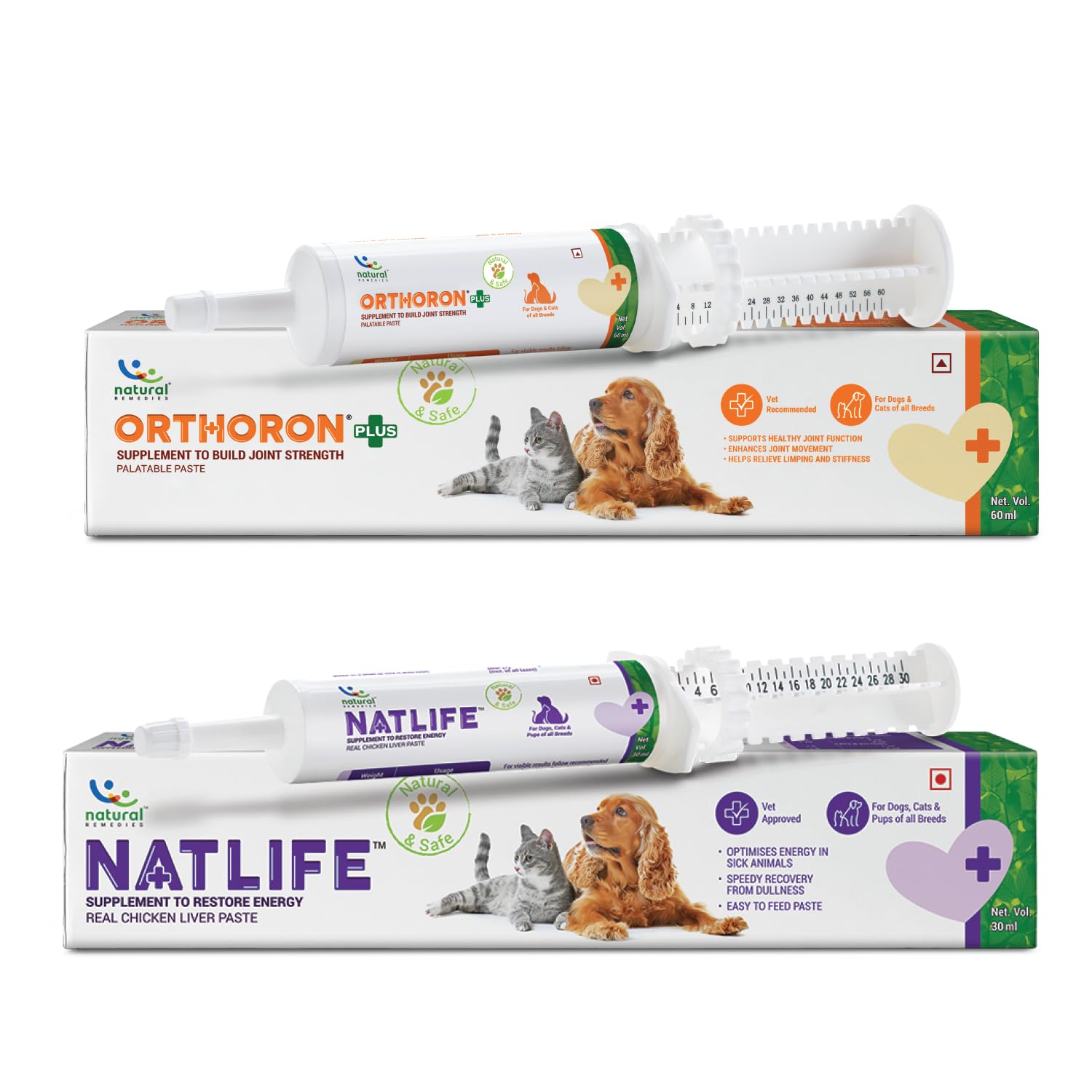 Natural Remedies Natlife Supplement to Restore Energy (30ml) & Orthoron+ Joint Strength Supplement (60ml) with Real Chicken Liver Paste for Dogs, Cats & Puppies of All Breeds - Combo Pack of 2