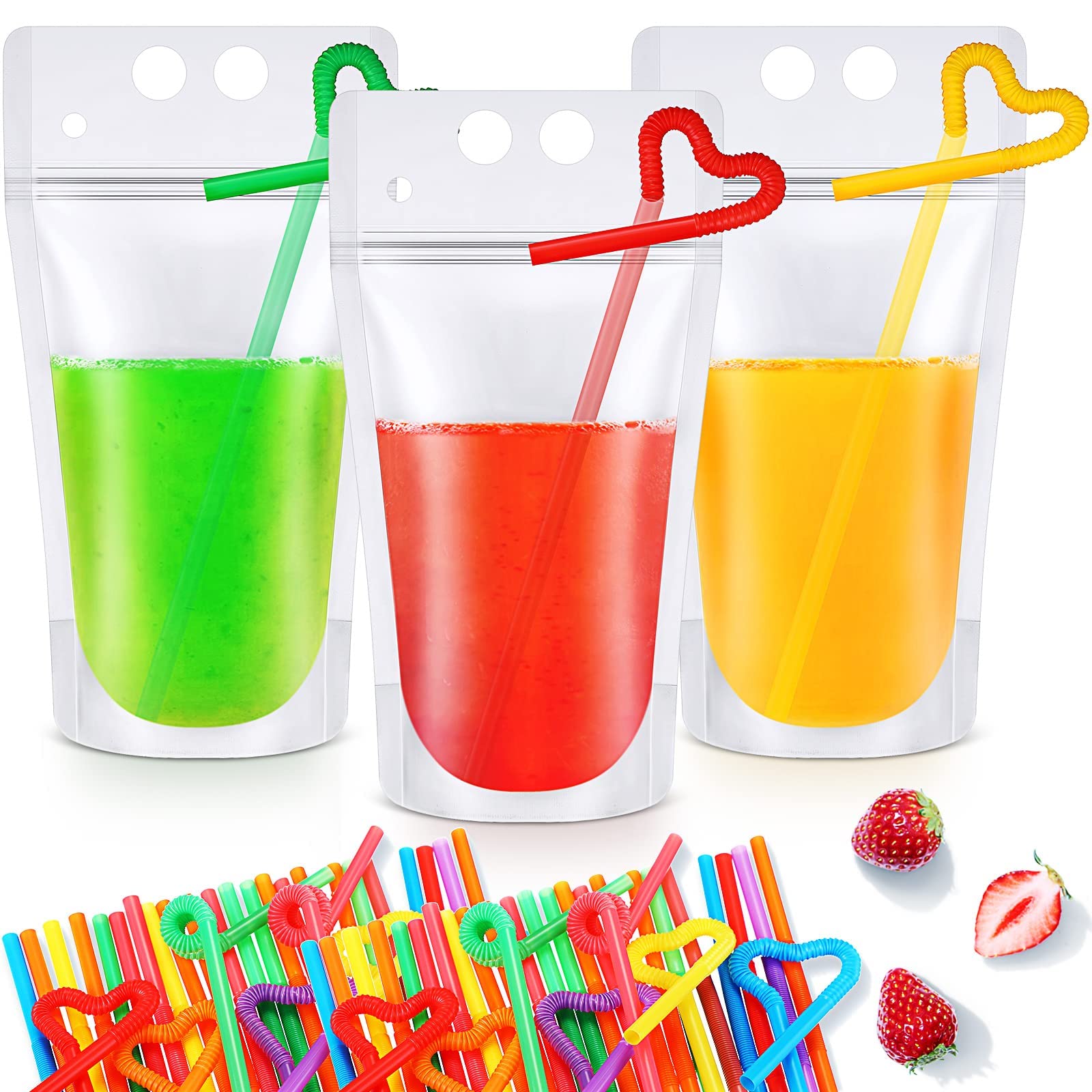 200 Pcs Clear Drink Pouches with 200Pcs Drink Straws Reclosable Zipper Stand up Plastic Pouches Bags 2.4 Inches Bottom Gusset Hand Held Translucent Disposable Drink Container for Cold and Hot Drink