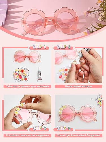 Miniatura 6 de Dunzy 10 pares de lentes de sol redondos de flores para niños, gafas de bricolaje para exteriores, con 50 margaritas, 100 cuentas de letras al azar,