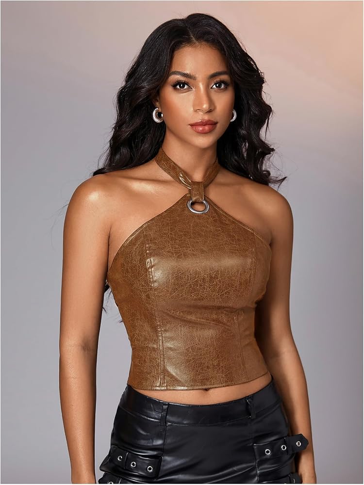 Verdusa Women's Y2K Lace Up Backless Leather Halter Top Rave Club