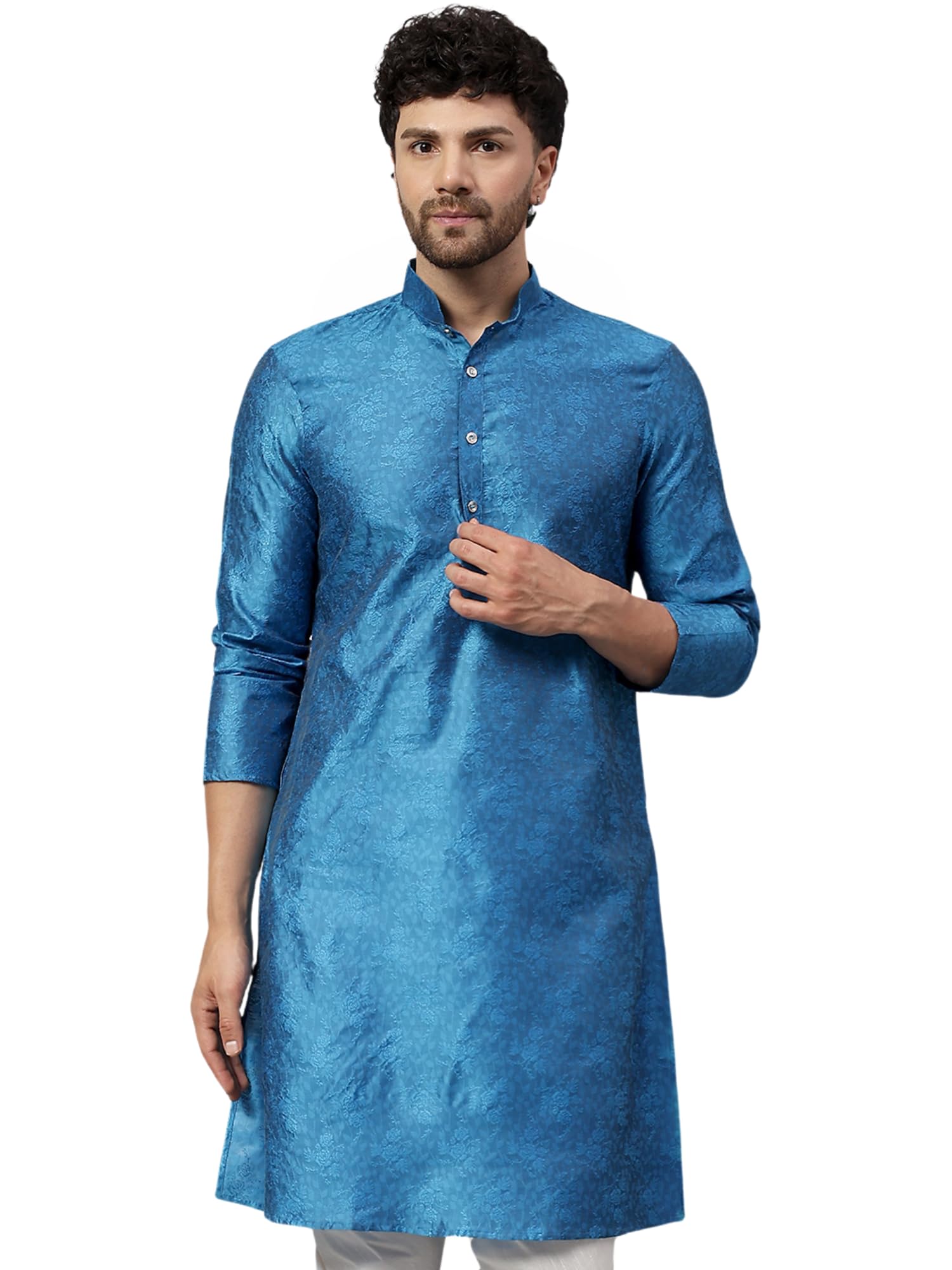 latest chikan Men's Jacquard Floral Kurta with Mandarin Collar – Ethnic Wear for Festivals, Weddings & Celebrations-picture-18