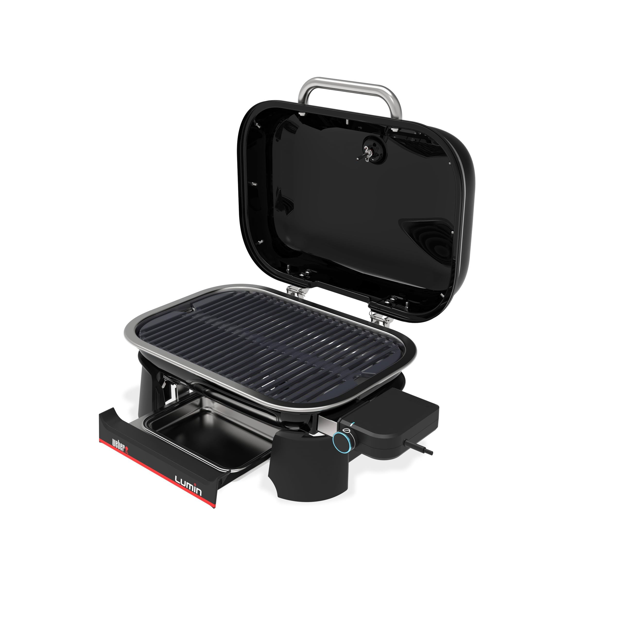 Weber Lumin Compact Tragbarer Kompakter Elektrogrill, Bis zu 315 °C, mit Deckelthermometer, Porzellanemaillierte Gusseisenroste, 43 x 32 cm Grillfläche, Schwarz (1502044)