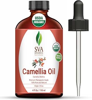 SVA ORGANICS Camellia Oil Organic USDA 4 Oz Pure Natural Cold Pressed Carrier Oil for Skin Care, Hair, Face Cleanser, Shampoo