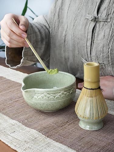 Miniatura 3 de Artcome Juego de té Matcha con boquilla de vertido, cuenco de cerámica verde, batidor de bambú, soporte para batidor, cuchara de té y manual de té