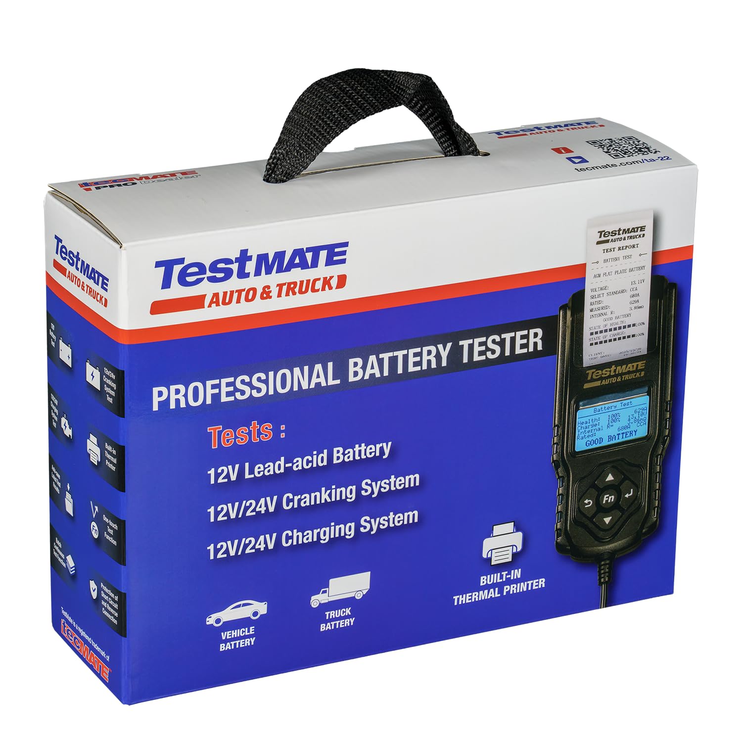 TestMate TA22KIT Tester batteria da 12 V/24 V per auto e camion, tester per batteria con LCD e stampante, sistema di avviamento e ricarica