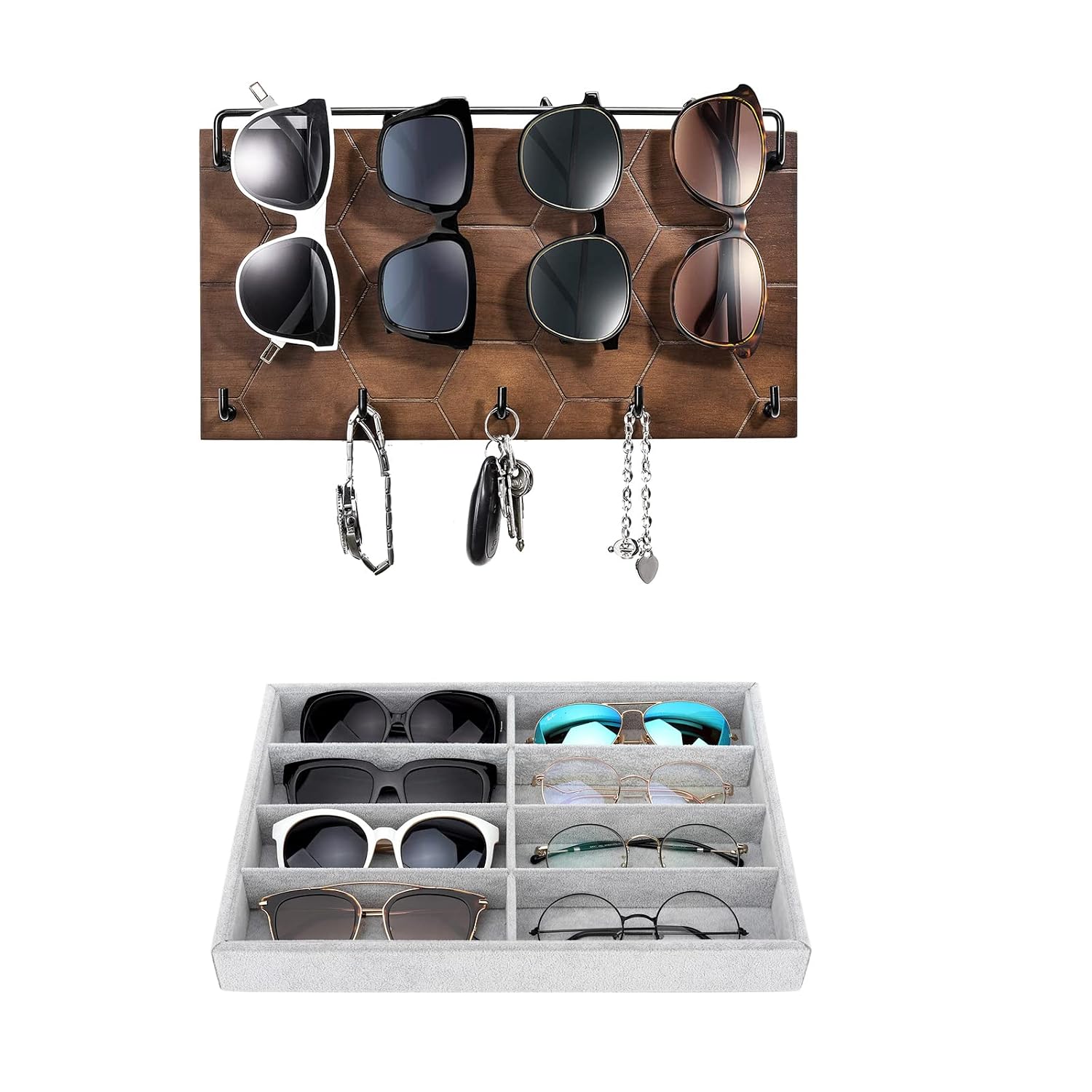 Emibele Glasses Organizer Jewelry Tray and Sunglass Organizer Wall Key Holder Bundle