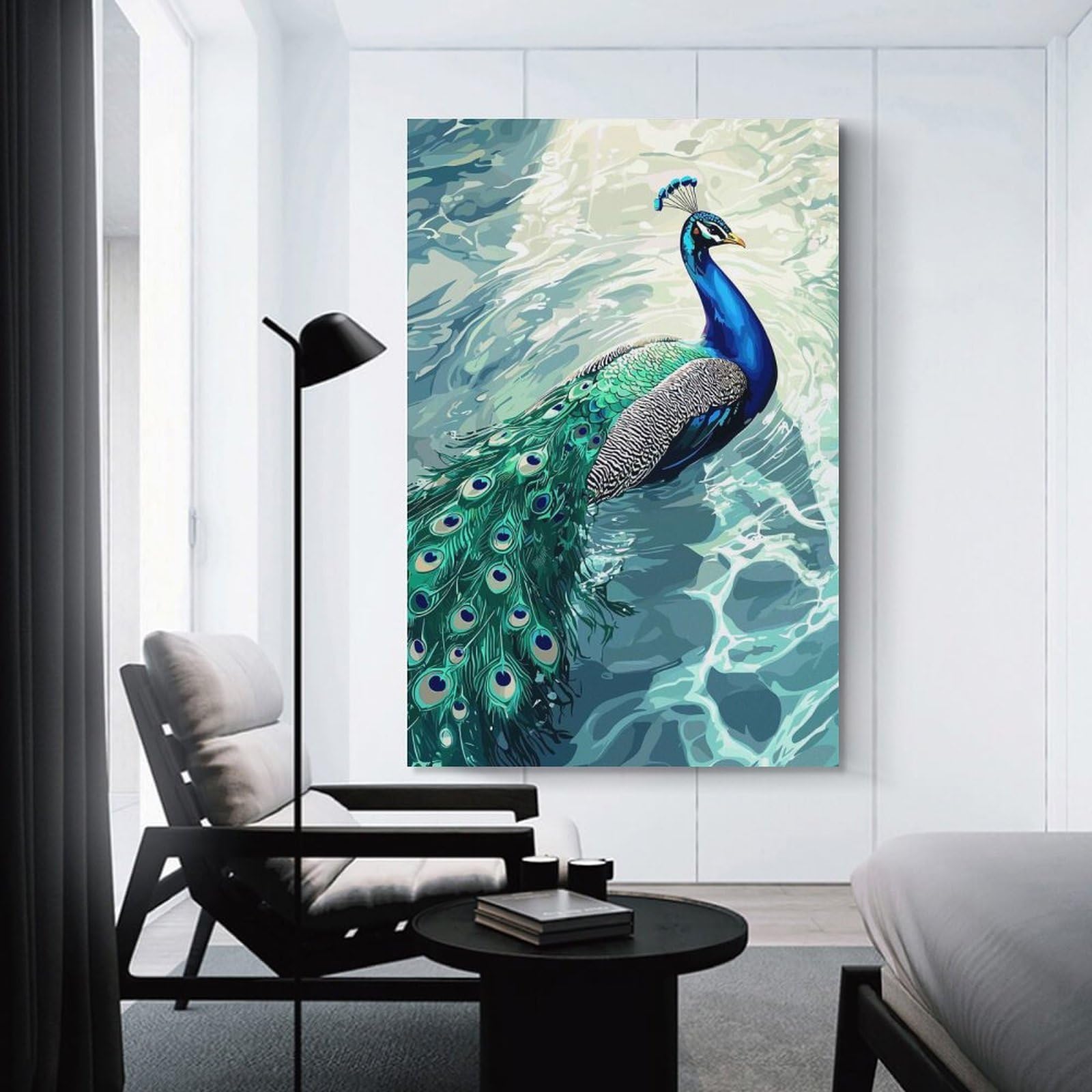 Junmoney Peacock in Water Digital Art Room Decor Wall Art, 08x12inch(20x30cm), for Office, Study Or Home Workspace, Decorative Artwork for Productive Spaces