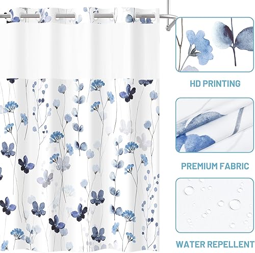 Miniatura 4 de Cortina de ducha sin gancho y con forro interior impermeable de tela a presión, cortinas de tela con diseño floral de acuarela azul y blanco,