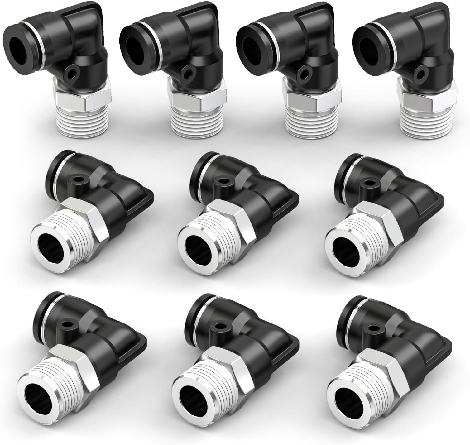 10Pcs 4MM Tube OD x 1/8" BSP Thread 90 Degree Male Elbow Push to Connect Fittings, Black Air Fittings Pneumatic Push Quick Release Connectors