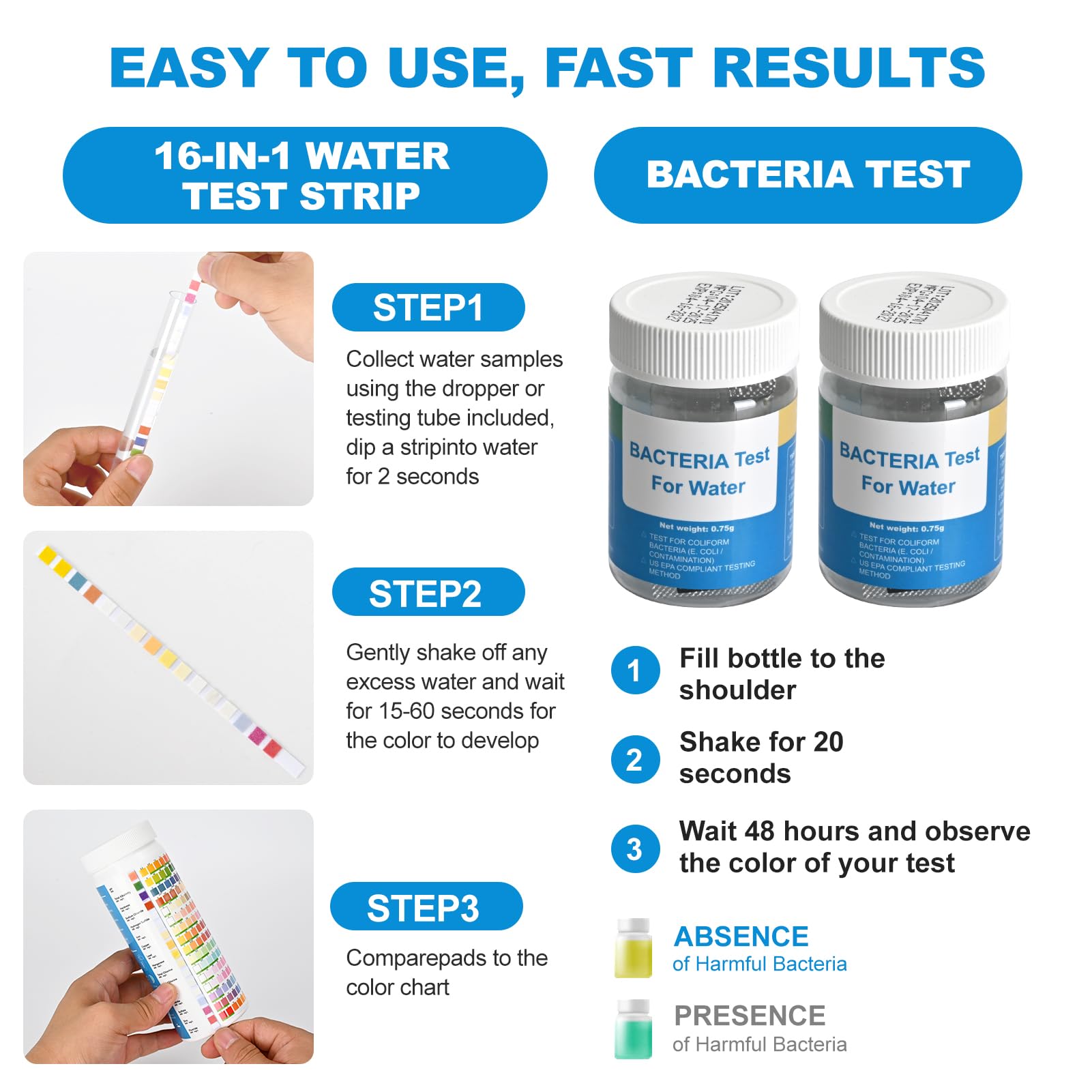 Strisce reattive acqua potabile 17 in 1 (100 strisce con 16 parametri e 2 test batteri), analisi completa qualità acqua pH, durezza totale, cloro libero, fluoro e altro per piscine
